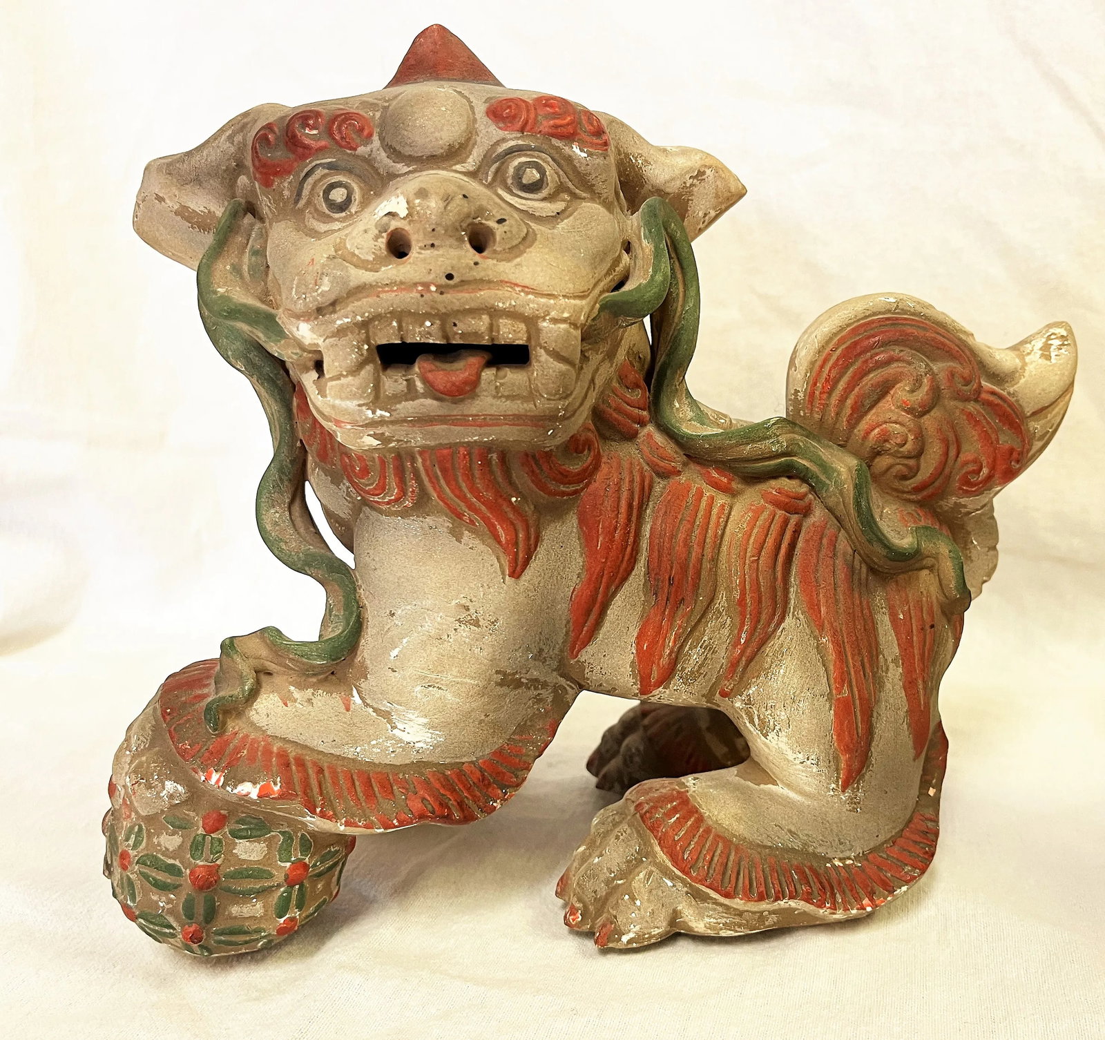 Vintage Chinese Pottery Foo Dogs With an Unglazed Polychrome Finish- a Pair - 5