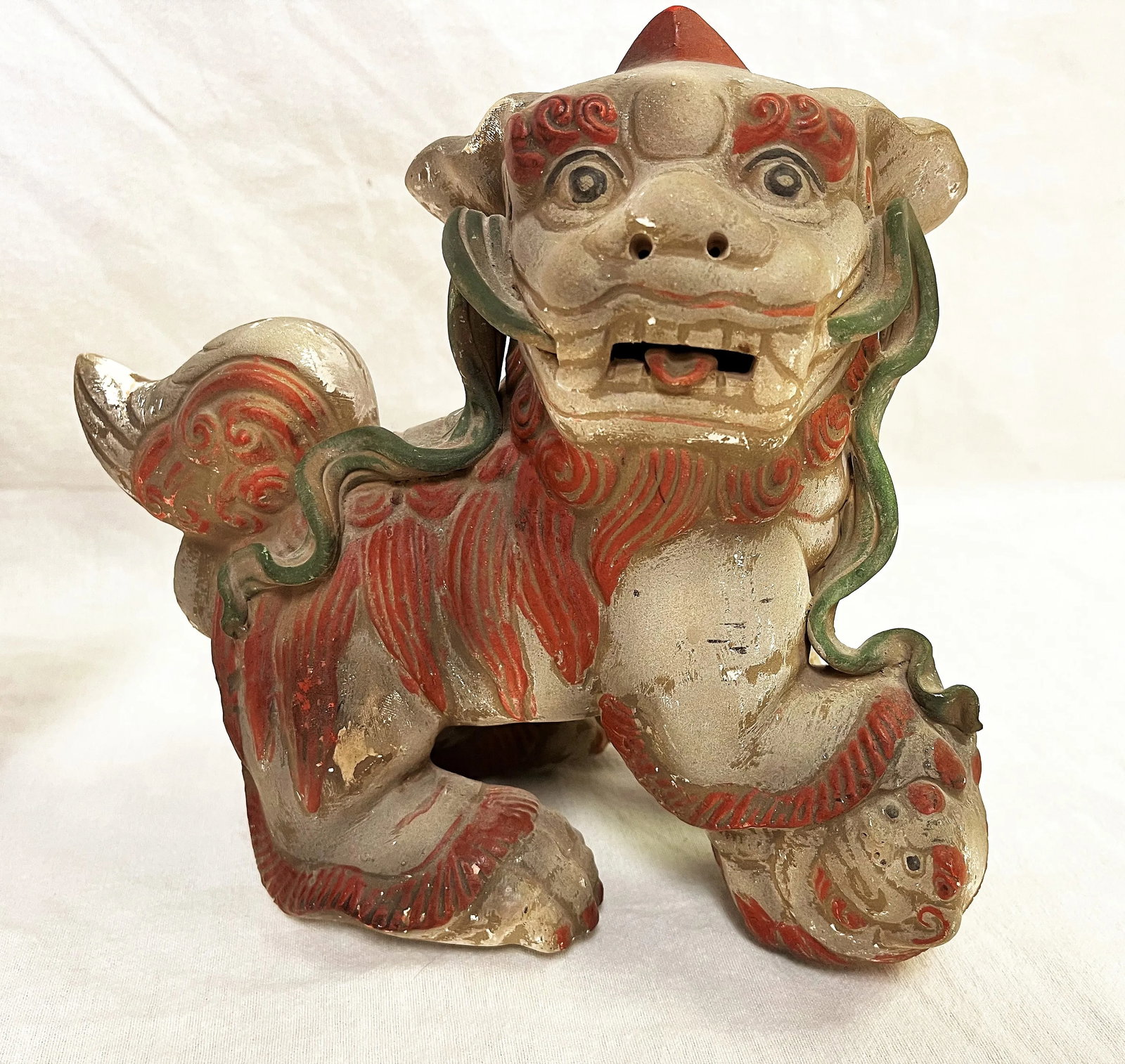Vintage Chinese Pottery Foo Dogs With an Unglazed Polychrome Finish- a Pair - 6