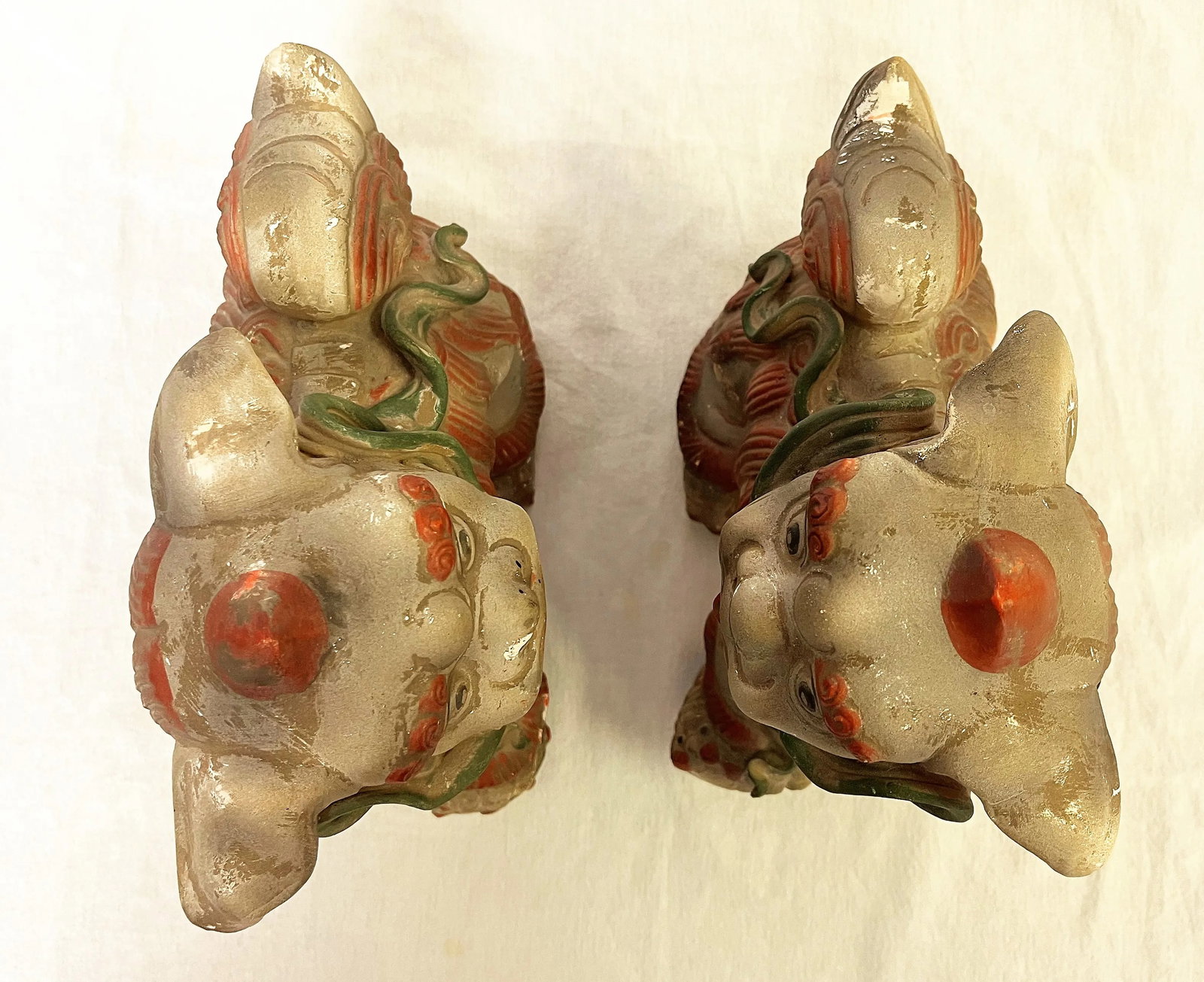 Vintage Chinese Pottery Foo Dogs With an Unglazed Polychrome Finish- a Pair - 8