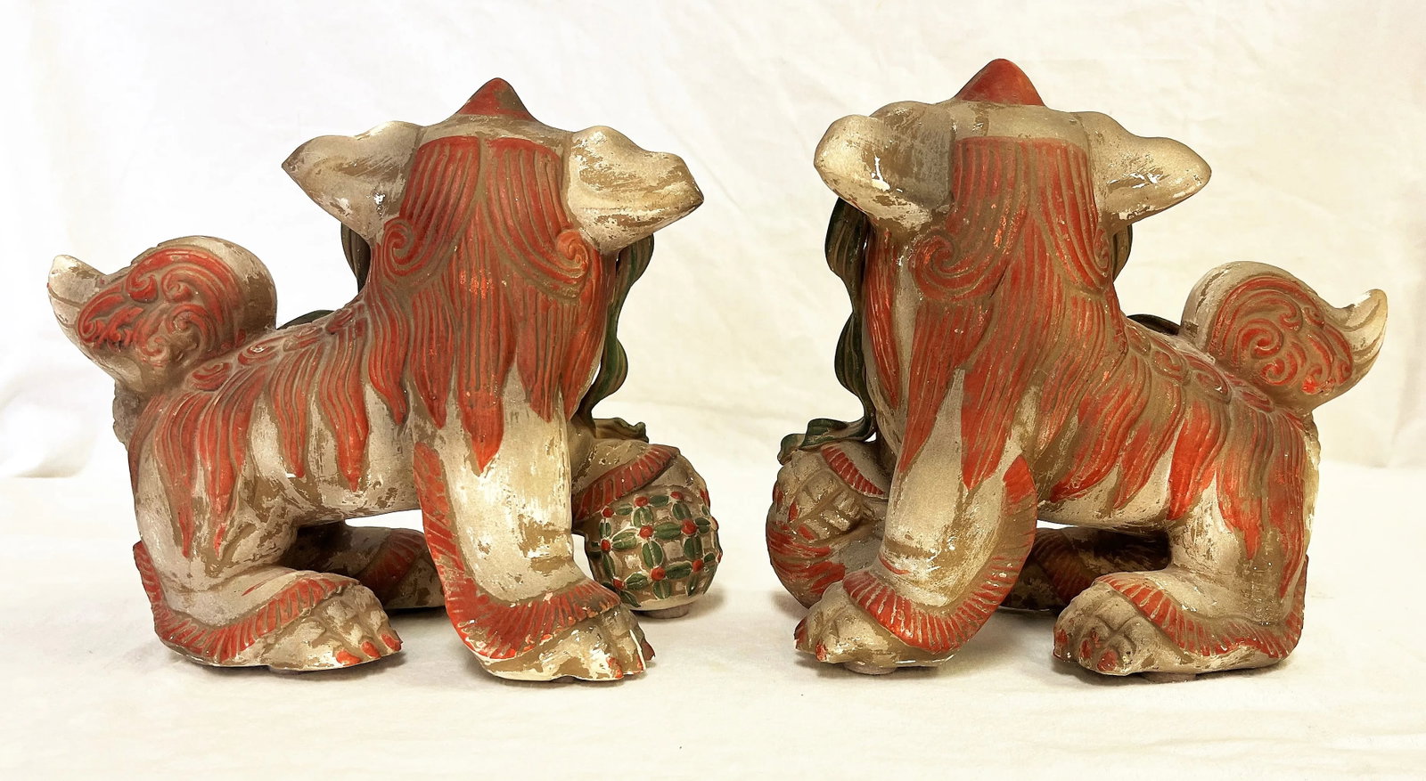 Vintage Chinese Pottery Foo Dogs With an Unglazed Polychrome Finish- a Pair - 9