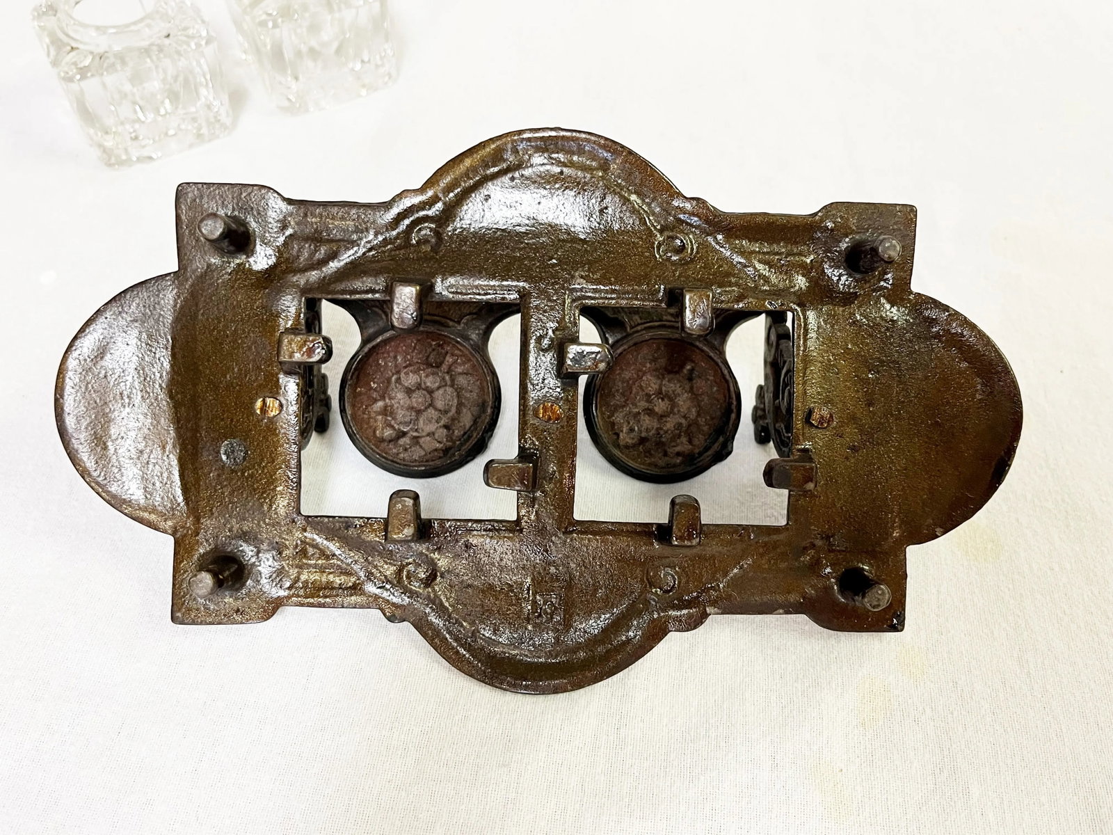 Vintage Victorian Eastlake Style Cast Iron and Glass Double Inkwell - 12