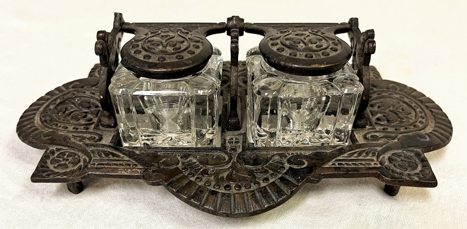 Vintage Victorian Eastlake Style Cast Iron and Glass Double Inkwell - 13