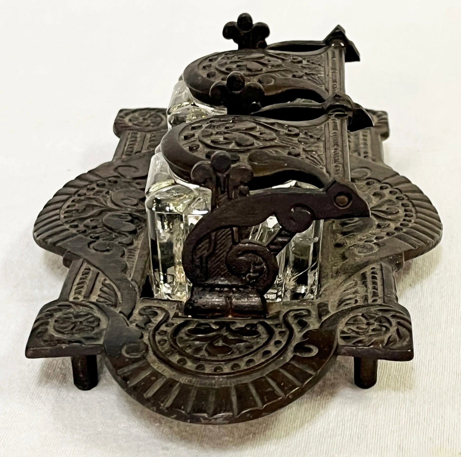 Vintage Victorian Eastlake Style Cast Iron and Glass Double Inkwell - 3