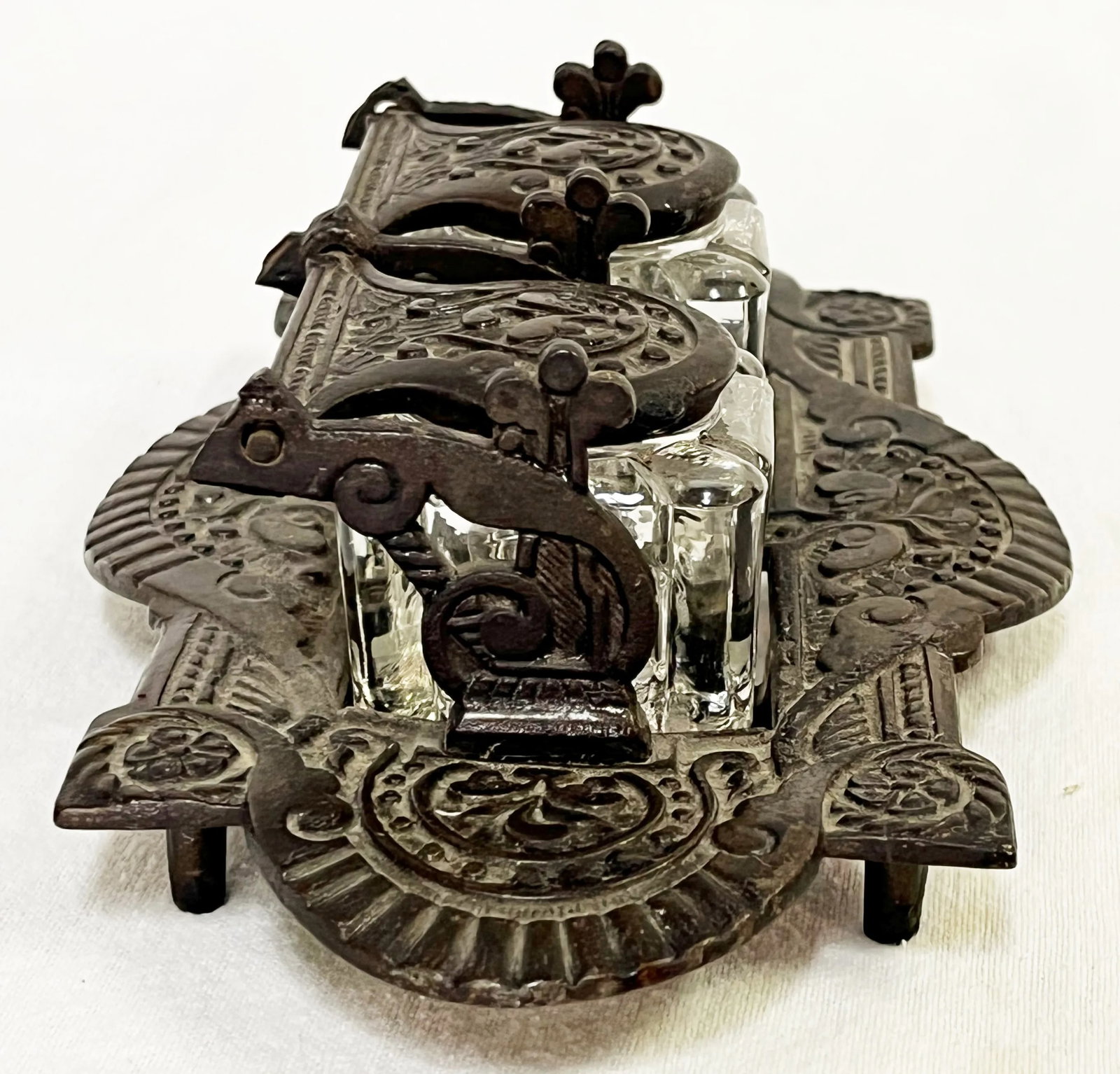 Vintage Victorian Eastlake Style Cast Iron and Glass Double Inkwell - 4