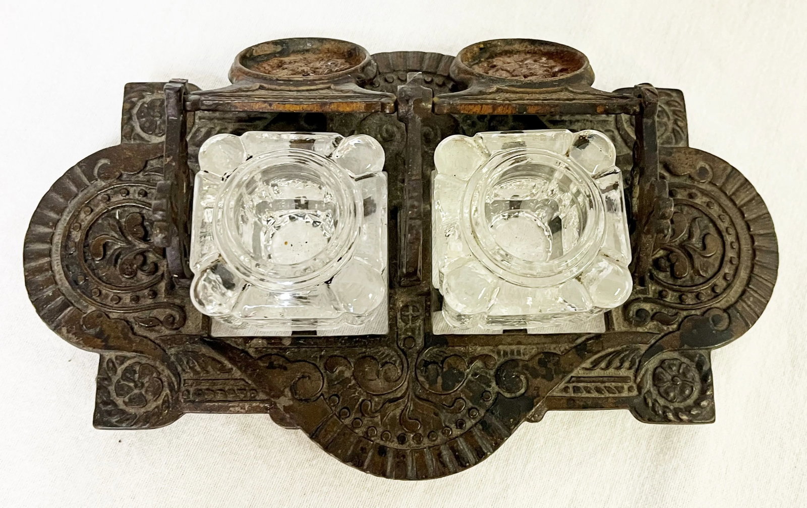 Vintage Victorian Eastlake Style Cast Iron and Glass Double Inkwell - 5