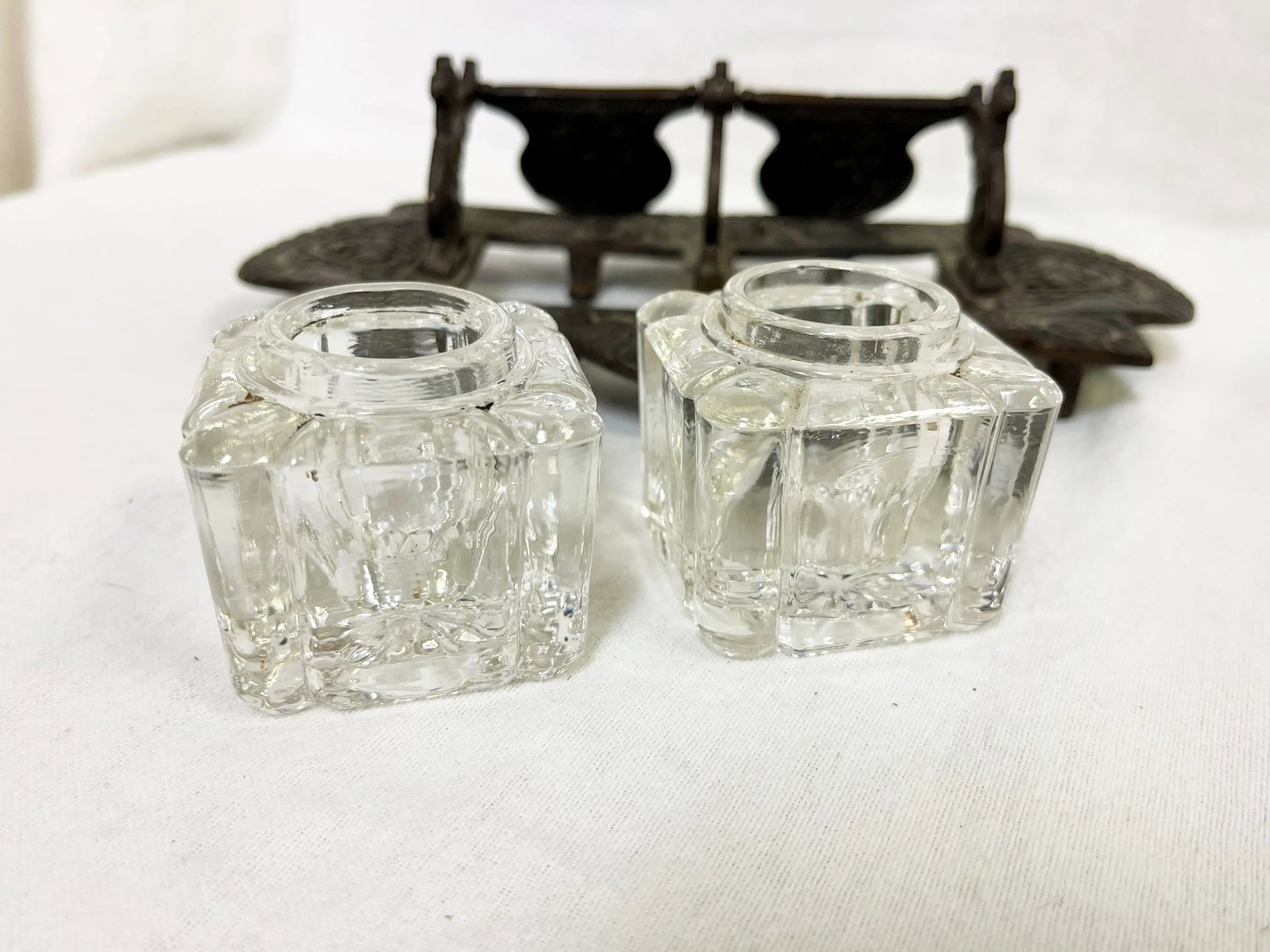 Vintage Victorian Eastlake Style Cast Iron and Glass Double Inkwell - 6