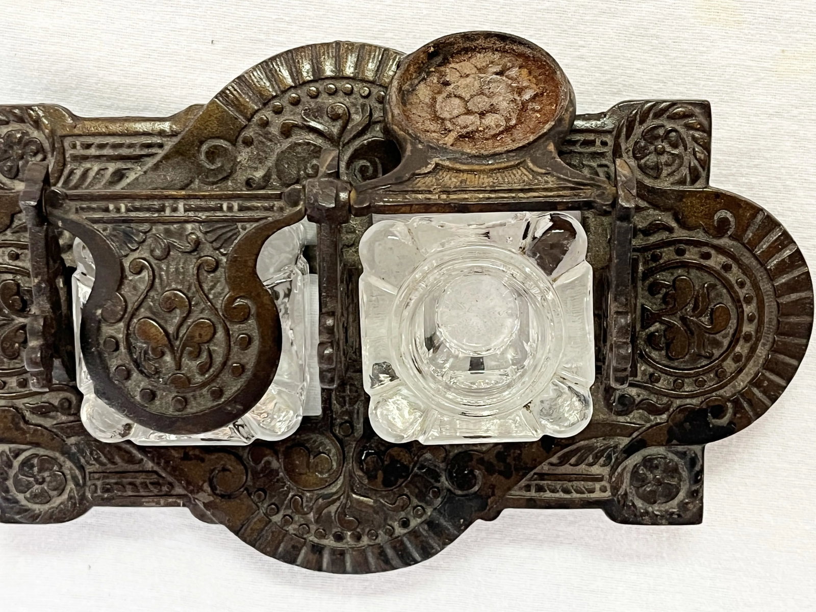 Vintage Victorian Eastlake Style Cast Iron and Glass Double Inkwell - 9