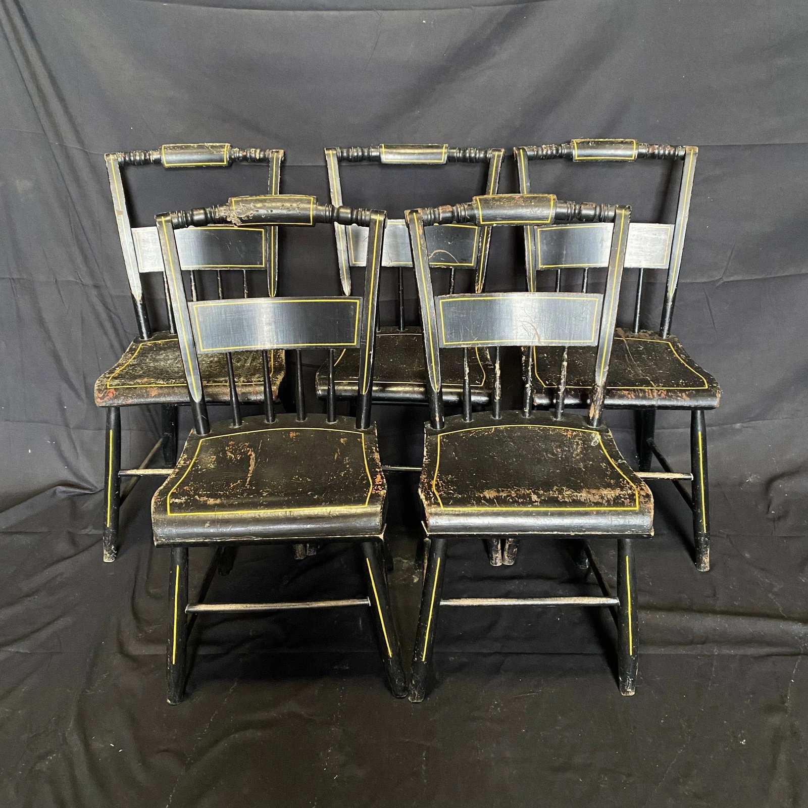 19th Century Plank Seated Dining Chairs With Original Black Paint -Set of 5 - 13