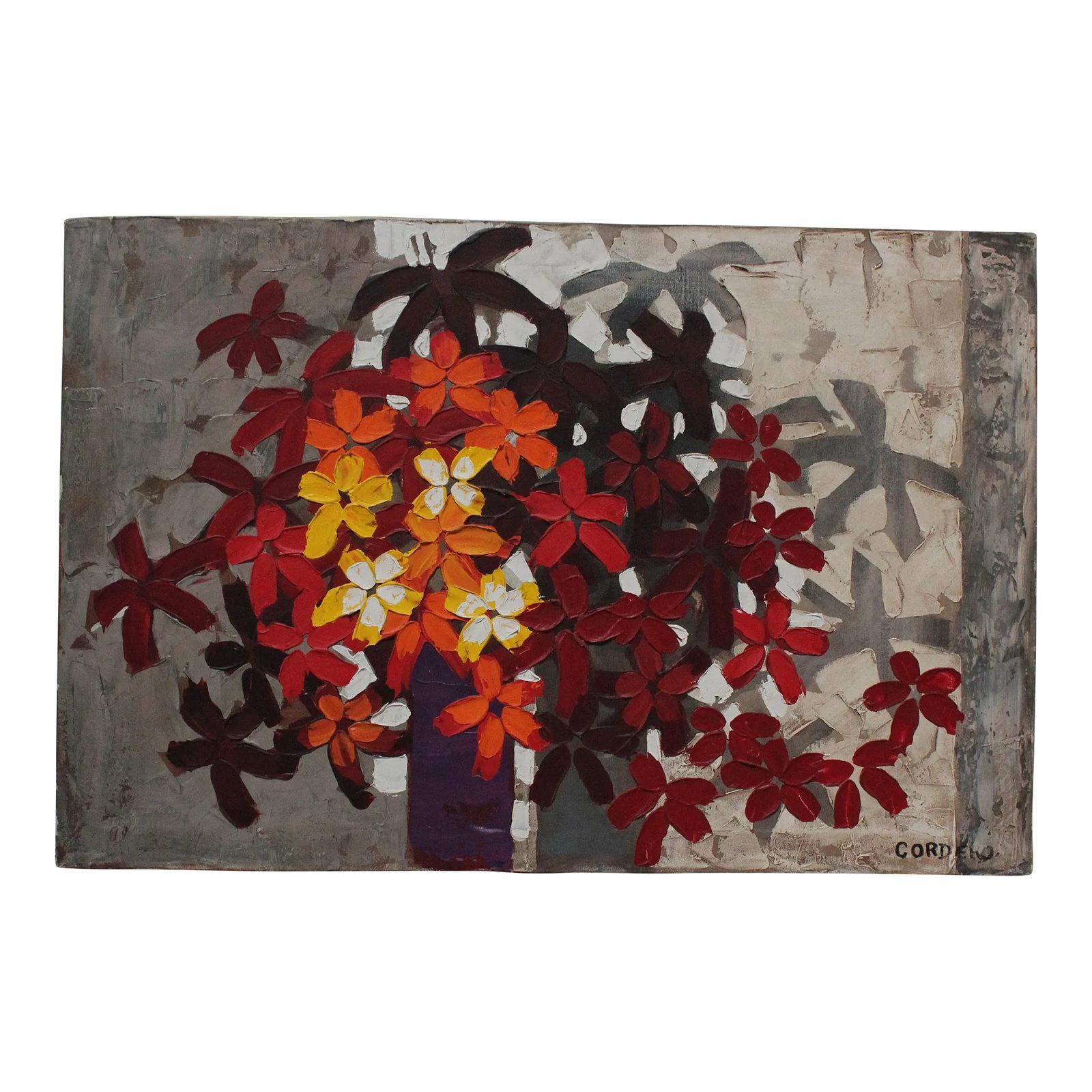 Abstract "Flower Arrangement" Acrylic on Canvas Signed Cordero: Flower Arrangement acrylic on canvas signed Cordero (United States, ca. 1970s). Bold color usage and appealing subject matter with layered textures and muted, neutral tones to create background