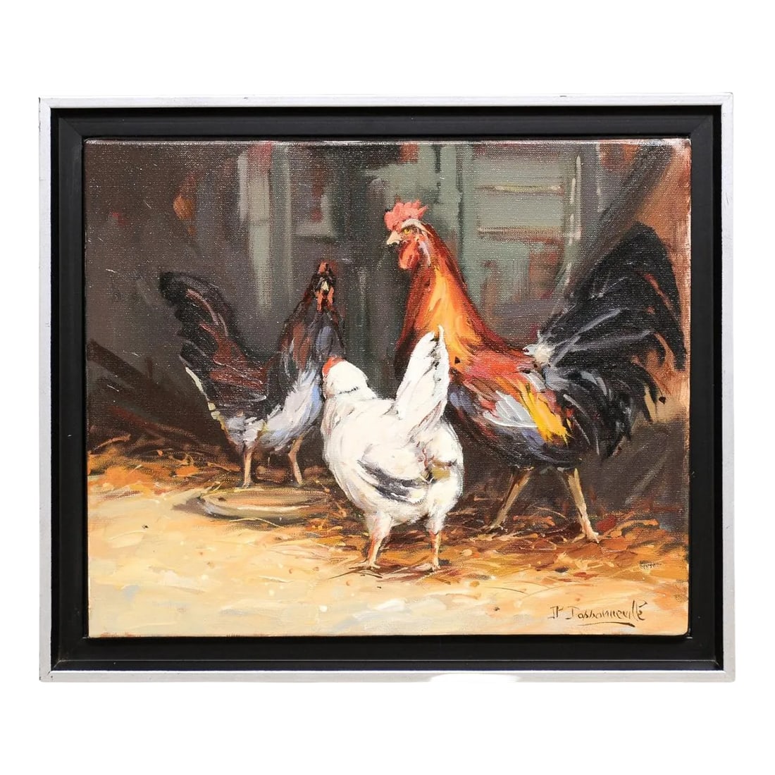 French Late 20th Century Framed and Signed Oil on Canvas Barnyard Scene Painting: A French framed oil on canvas painting from the late 20th century, titled "Barnyard Scene". Created in France during the later years of the 20th century, this oil on canvas painting attracts our
