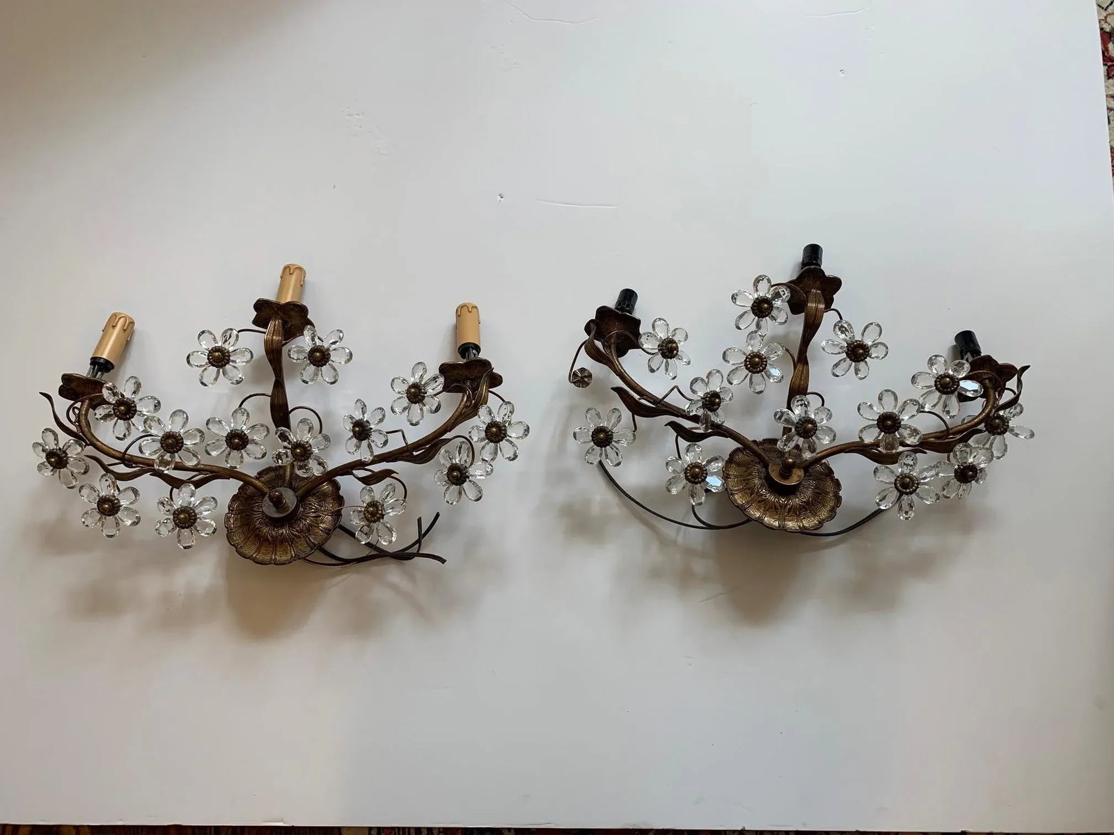 Italian 3 Arm Sconces Encrusted With Crystal Flowers -A Pair - 10