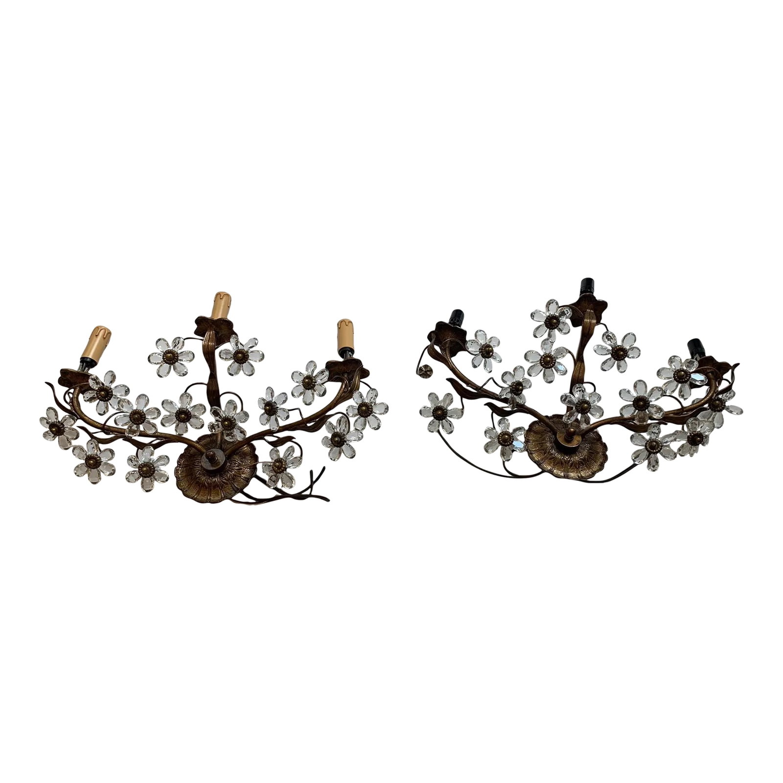 Italian 3 Arm Sconces Encrusted With Crystal Flowers -A Pair: Whimsical pair of crystal flower decorated sconces by Italian designer Pilutti Luigi. 3 arms on each. Condition: Alterations: Original Condition Unaltered Imperfections: Some Imperfections Condition N