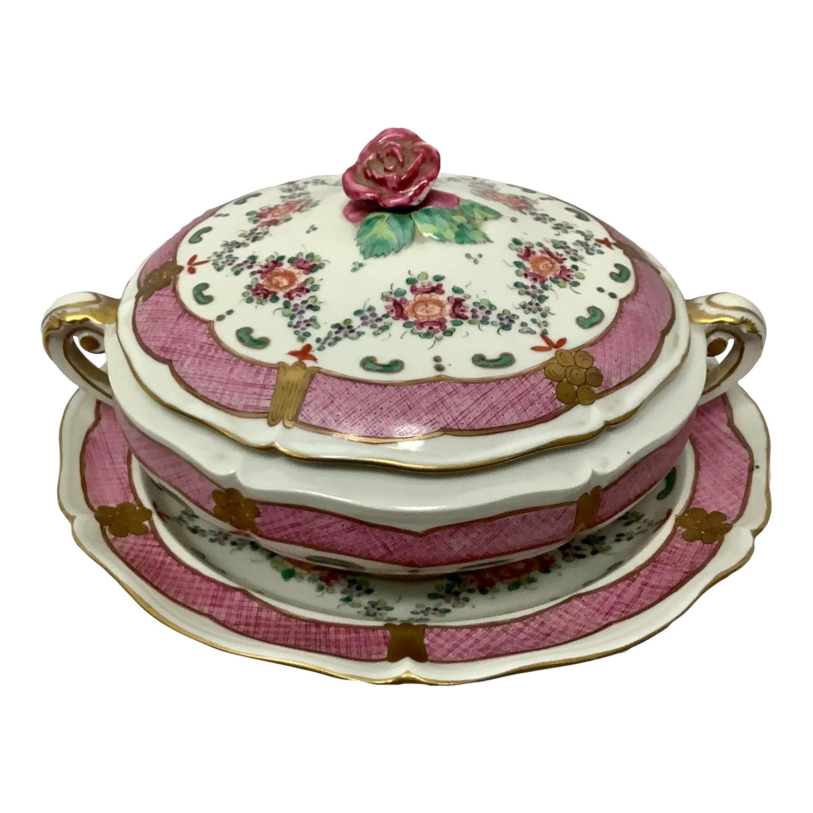 Sampson Large Covered Tureen With Under-Plate: Edme Samson et Cie company. Porcelain covered tureen and under plate. Hand painted with floral and geometric design and gilt highlights. Mostly pink, blues, green and gold on a cream background. A