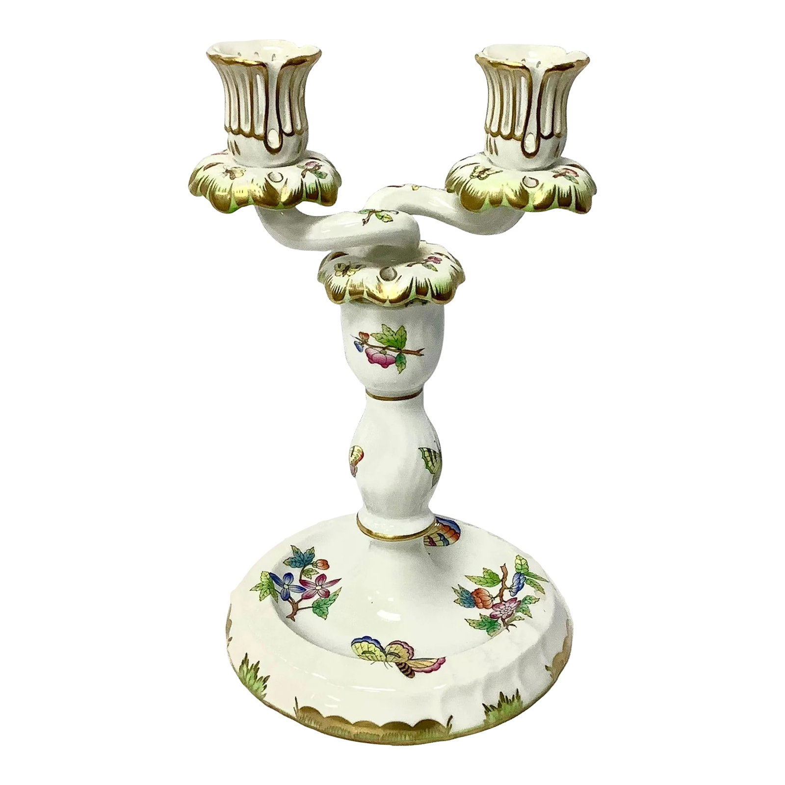 Herend Queen Victoria Porcelain Double Candlestick: Unique vintage Herund Queen Victoria Porcelain Double Candlestick. Can be converted to Single Candlestick. Hand painted with butterflies and flowers with gilt accents. Herund mark on bottom.