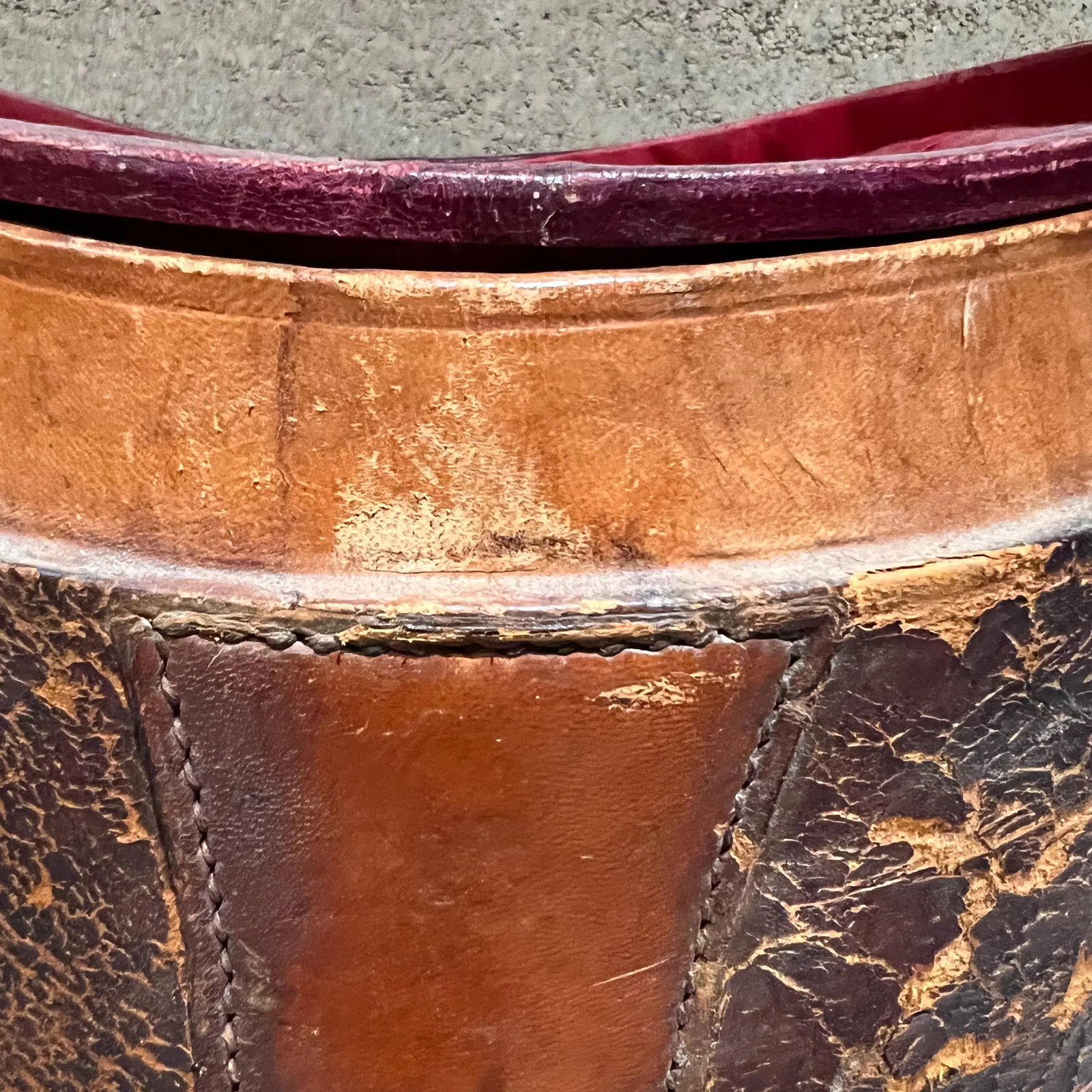 Distressed Leather Box With Red Silk, American Colonial Style, 1800s - 10
