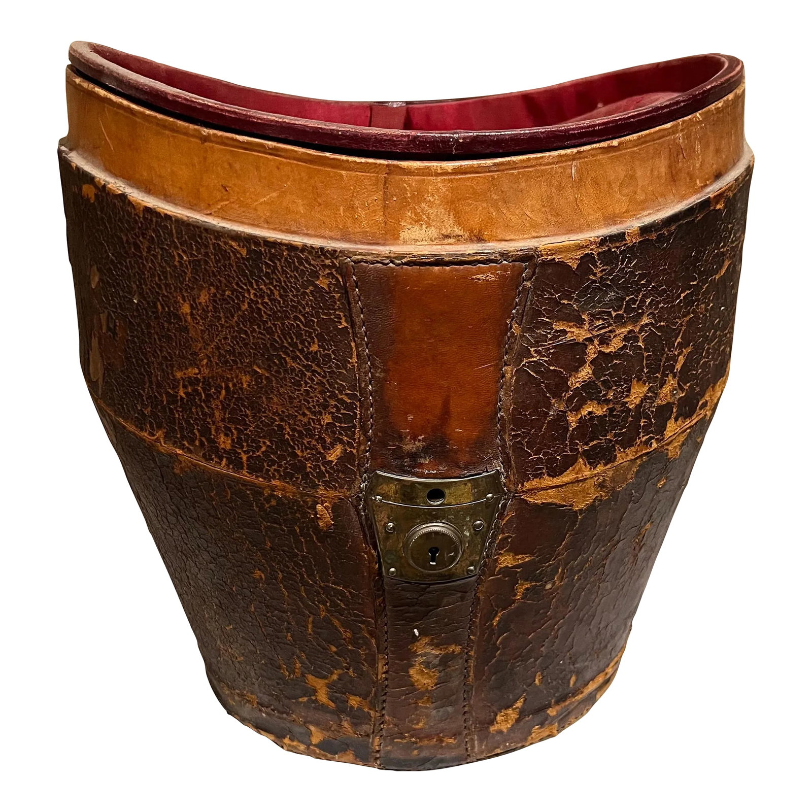 Distressed Leather Box With Red Silk, American Colonial Style, 1800s: For your consideration, a wonderfully distressed leather box antique catchall bucket distressed leather and red silk, circa late 1800s. Reinforced double stitching, brass grommets, vintage metal lock