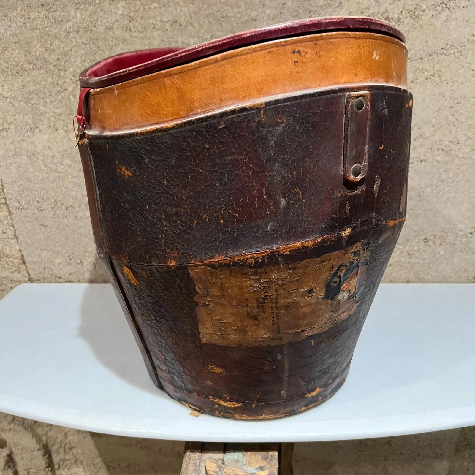 Distressed Leather Box With Red Silk, American Colonial Style, 1800s - 2