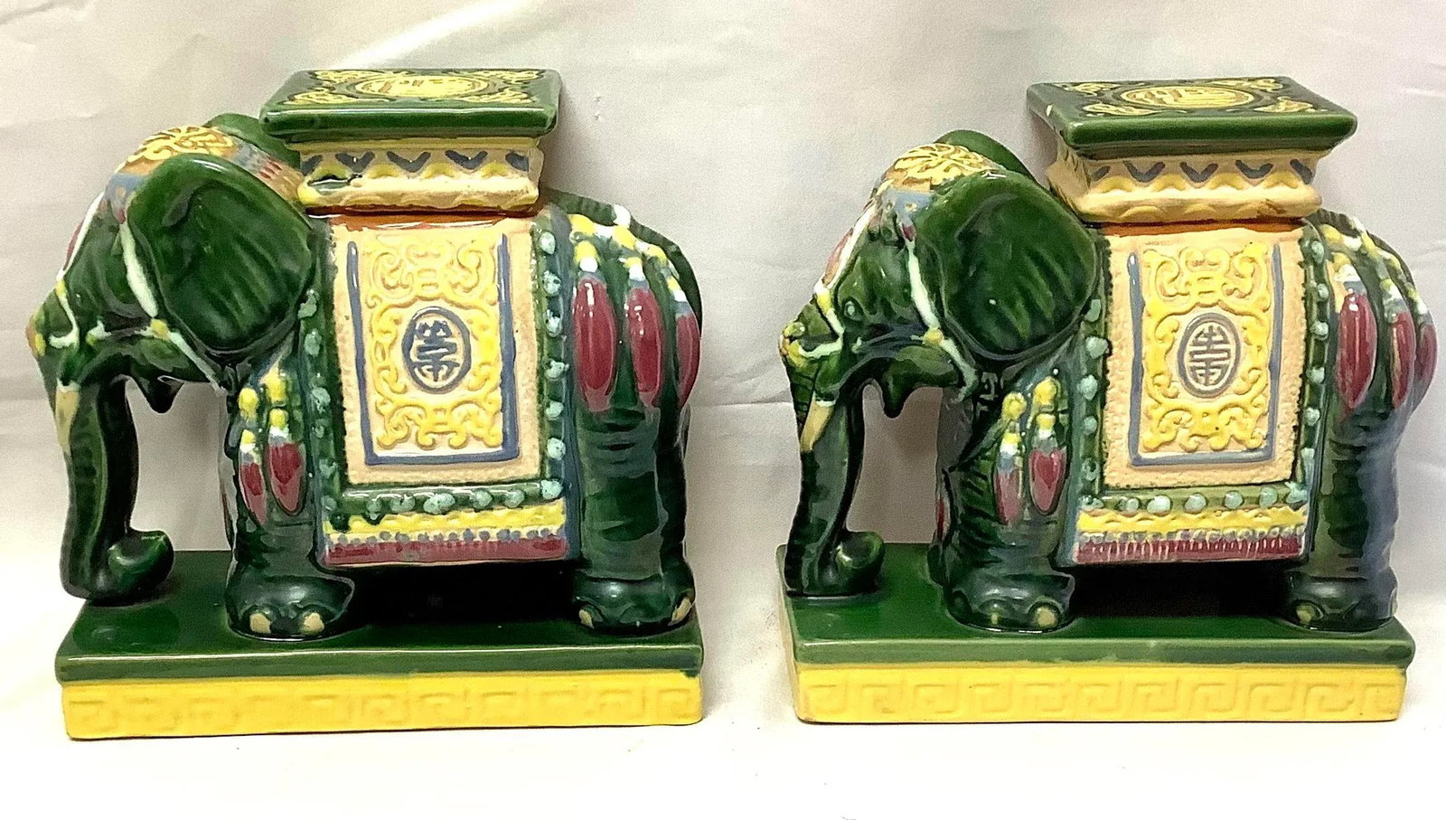 Vintage Pair of Green Ceramic Asian Elephant Statues - 2