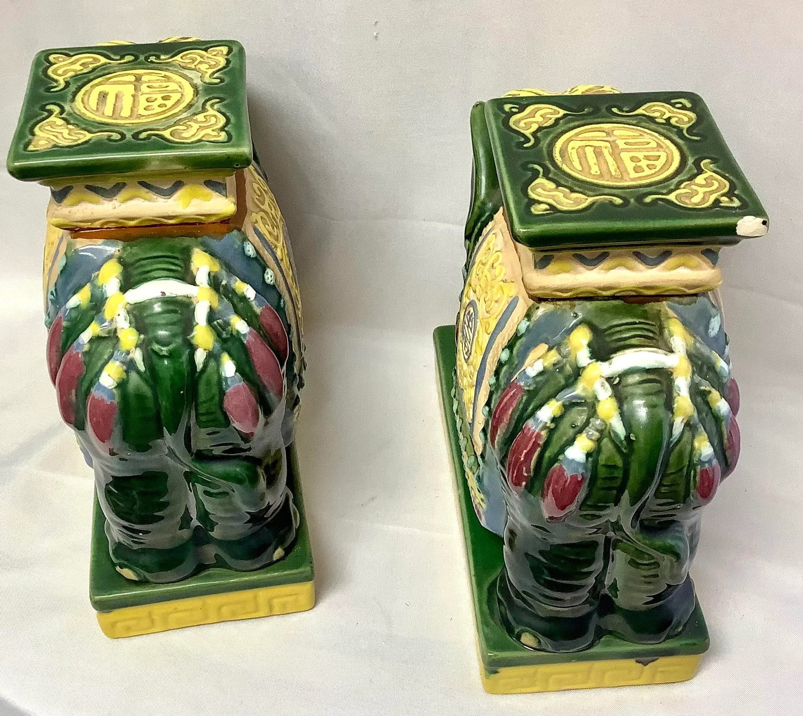 Vintage Pair of Green Ceramic Asian Elephant Statues - 5