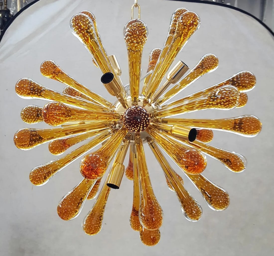 Murano Glass Sputnik Chandelier With Amber Air Drops Gold Metal Frame - 2