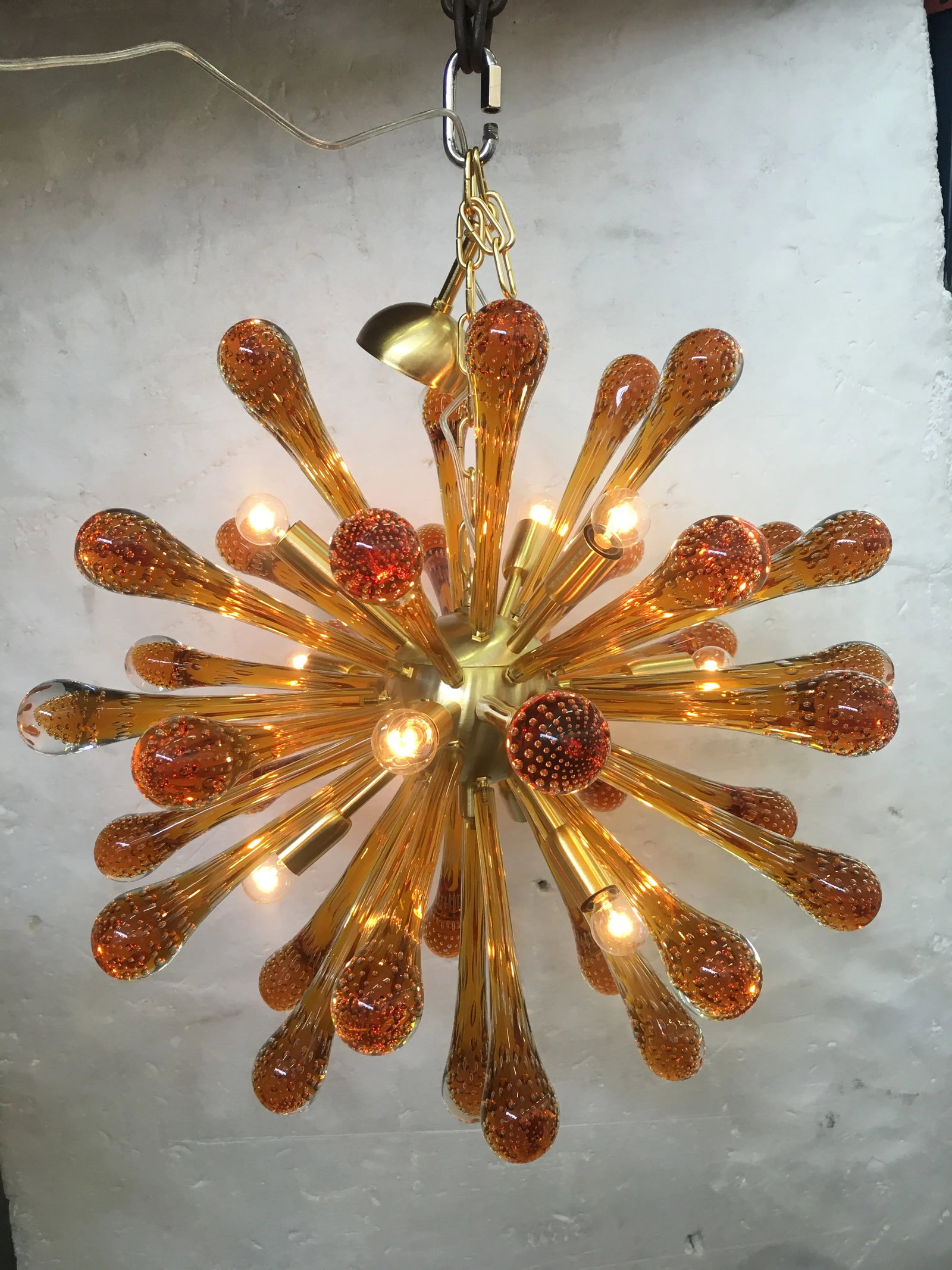 Murano Glass Sputnik Chandelier With Amber Air Drops Gold Metal Frame - 3