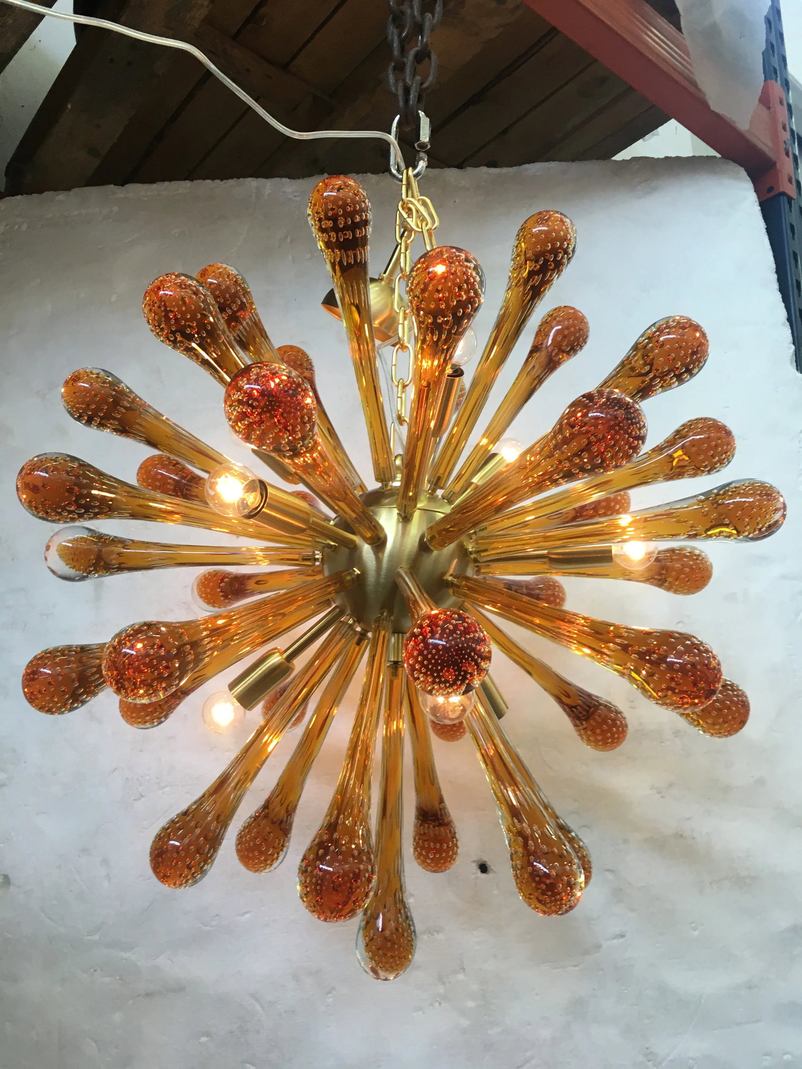 Murano Glass Sputnik Chandelier With Amber Air Drops Gold Metal Frame - 5