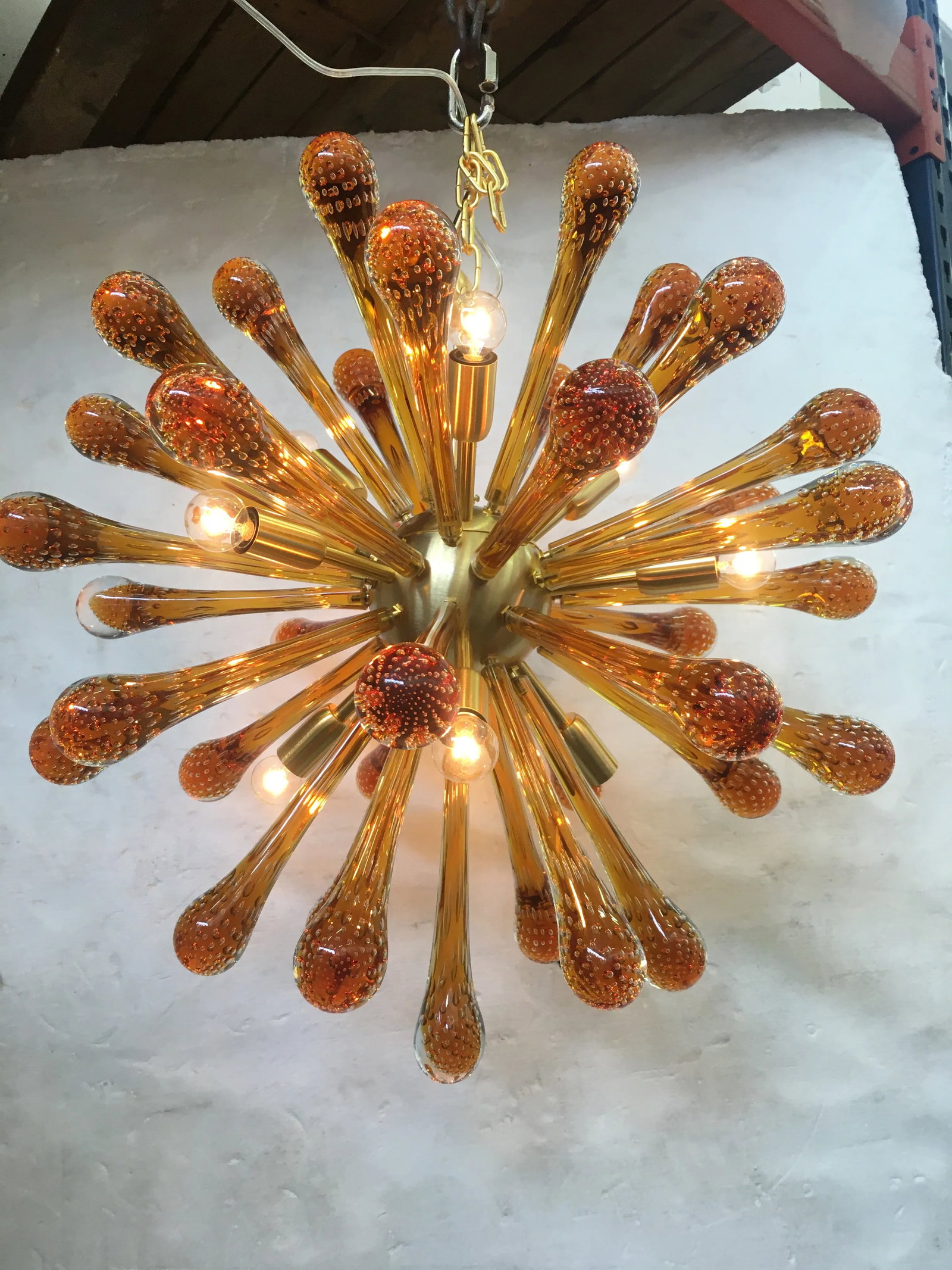 Murano Glass Sputnik Chandelier With Amber Air Drops Gold Metal Frame - 6