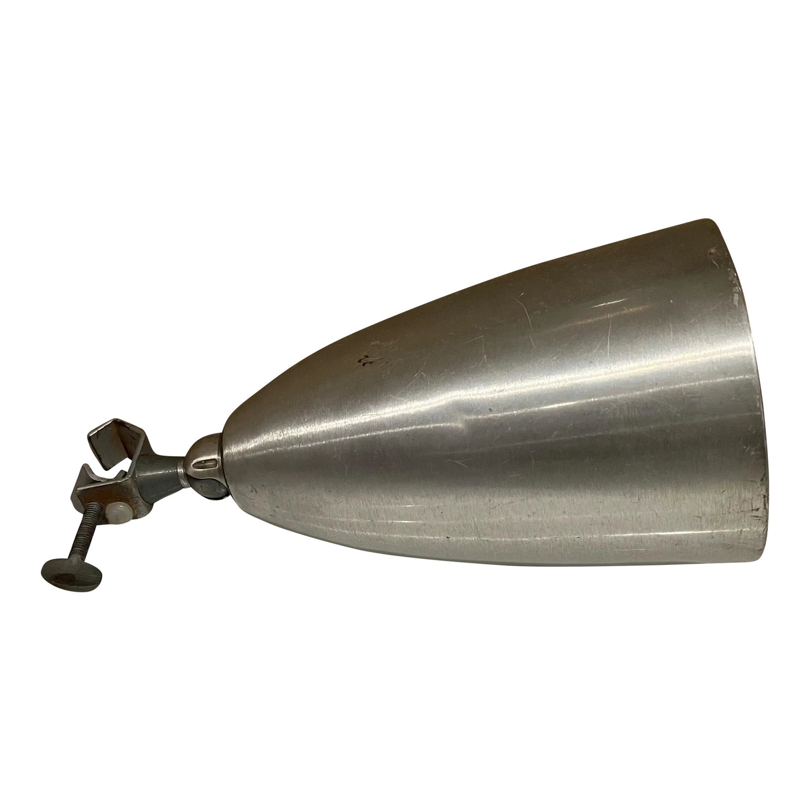 Mid-Century Modern Silver Task Light by Lightolier, 1960s: For your consideration, a Mid-Century modern silver bullet task light desk top clamp lamp. Circa the 1960s Mid-Century Modern. Features a classic atomic/industrial bullet-shaped metal shade with an in