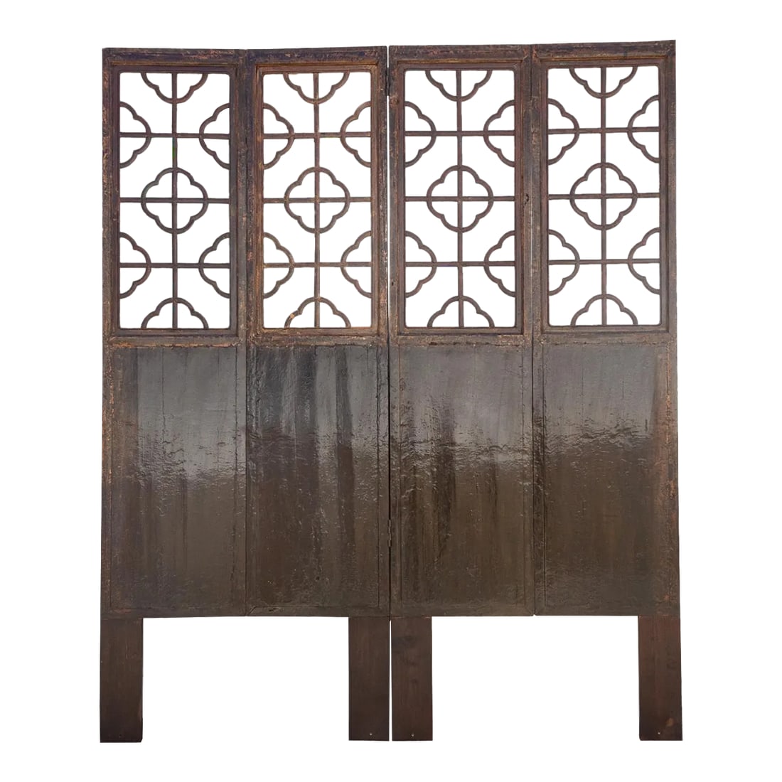 Antique Asian Screen Doors- Set of 4: A beautiful early 20th century Chinese lacquered four-paneled screen. This antique Chinese screen has a cloud lattice see-through design on top and solid wooden panel below. This antique elegant scree