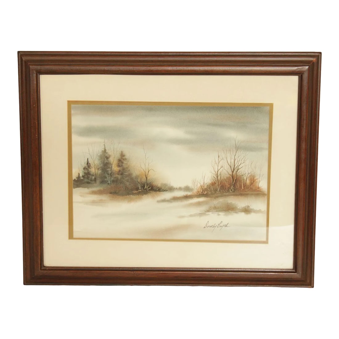 Vintage 20th C. Watercolor Landscape by Dorothy Brych: Quality Vintage Original Painting by Dorothy Brych (American/Wisconsin, 20th C.), Fall or Winter Forested Landscape, Watercolor on Paper, Signed on the Lower Right, Custom Wood Frame Condition: