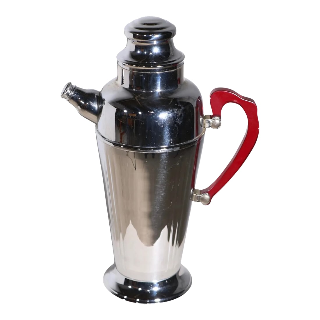Art Deco Chrome Cocktail Shaker With Red Bakelite Handle: Classic Art Deco cocktail shaker, with transparent red plastic handle. This example is in very good, original condition, clean and ready to use. Condition: Alterations: Original Condition Unaltered