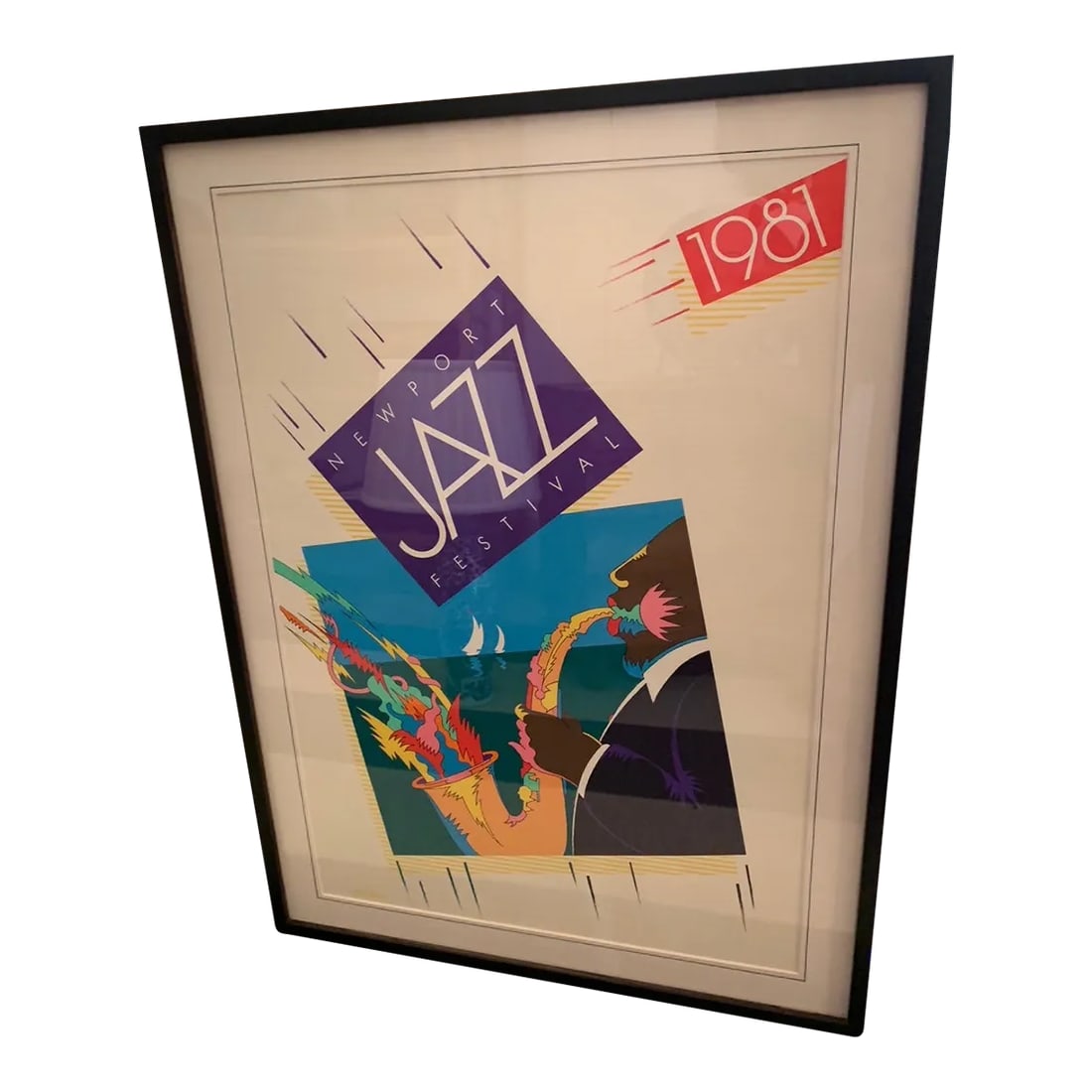 Newport Jazz Festival Limited Edition Poster: A colorful graphic limited edition Newport Jazz festival poster having embossed marking and number on lower left. Condition: Alterations: Original Condition Unaltered Imperfections: Some