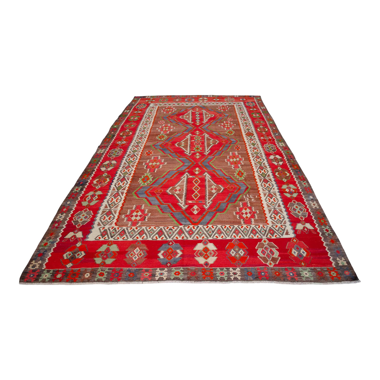 1970s Vintage Handmade Rug Turkish Kilim Area Rug - 7"²9"³ X 14"²1"³: Woven in 1977 by Caucasian Turks in the Nakhchivan (NahÃ§Ä±van) region on the eastern border of Turkey, this monumental village kilim was created for personal household use rather