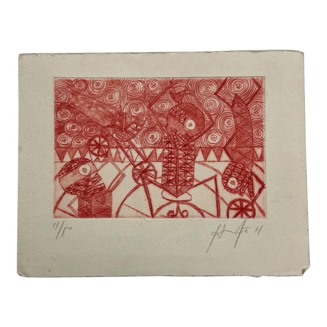 Mexican Modern Art Woodblock Print 11/50 Red Drawing Oaxaca Mexico: For your consideration, Mexican Modern original Art Oaxaca Artist 11/50 red and white drawing 5 Signed numbered Woodblock Print. Dimensions: 7.75" W x 6" H x Art 5.85" W x 3.75" H Please take a look