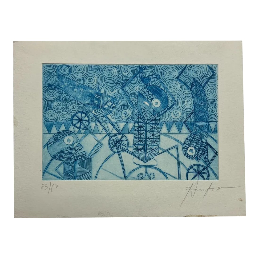 Mexican Modern Art Woodblock Print 23/50 Oaxaca Mexico: For your consideration, Mexican Modern original Art Oaxaca artist 23/50 blue drawing 6 Signed Numbered Woodblock Print. Dimensions: 7.75" W x 6" H , Art 5.85" W x 3.75" H Please take a look at our