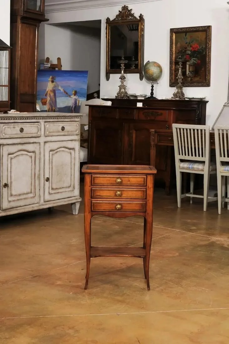 French Louis XV Style Table Chiffonnière with Three Small Drawers and Low Shelf - 11