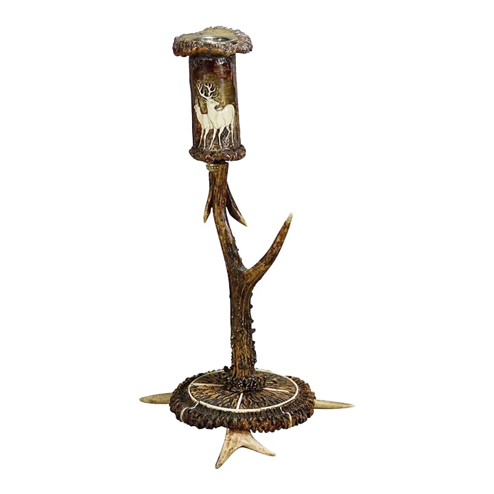 Stylish Cabin Decor Antler Candle Holder With Deer Carving, Germany Ca. 1900: Stylish Cabin Decor Antler Candle Holder with Deer Carving, Germany ca. 1900 A fashionable rustic candle holder, made of horns from the deer. The spout is made of turned antler pieces and features an