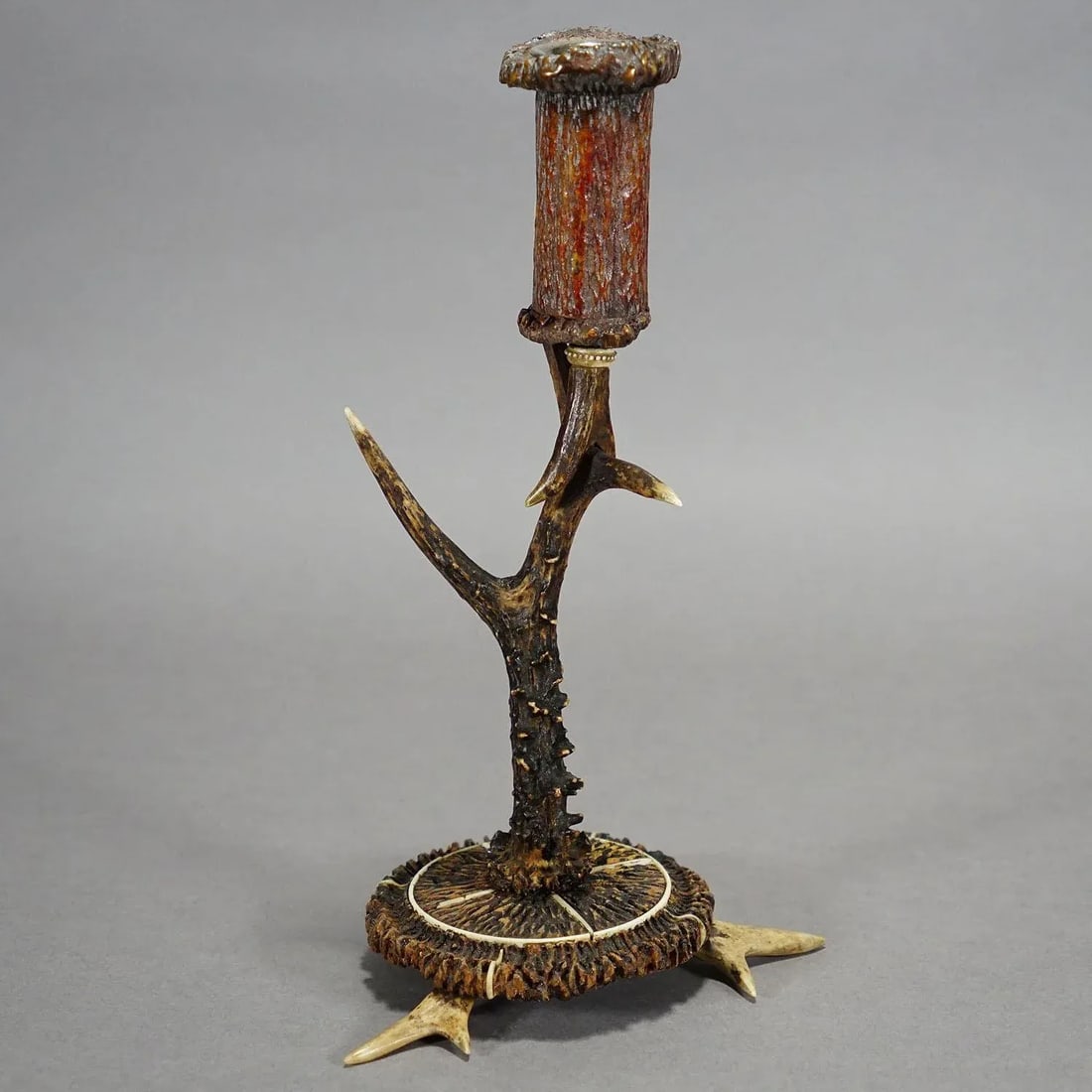 Stylish Cabin Decor Antler Candle Holder With Deer Carving, Germany Ca. 1900 - 2