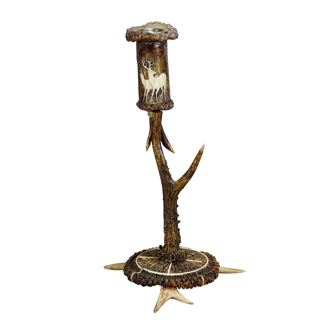 Stylish Cabin Decor Antler Candle Holder With Deer Carving, Germany Ca. 1900 - 8