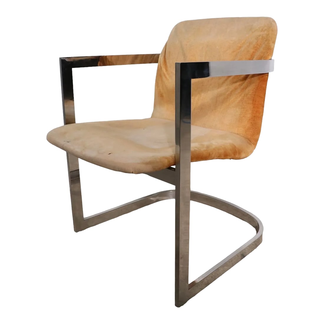 1970's Chrome Frame Arm Chair After Baughman: Chic 1970's vintage arm chair featuring a continuous cantilevered chrome frame with upholstered seat and back. The chair frames is bright and shiny, but the upholstery is worn and the chair will need