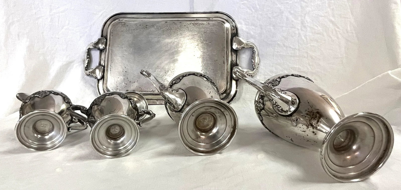 Vintage Five Piece Tea Service With Grapevine Details, Silverplate on Copper - 11