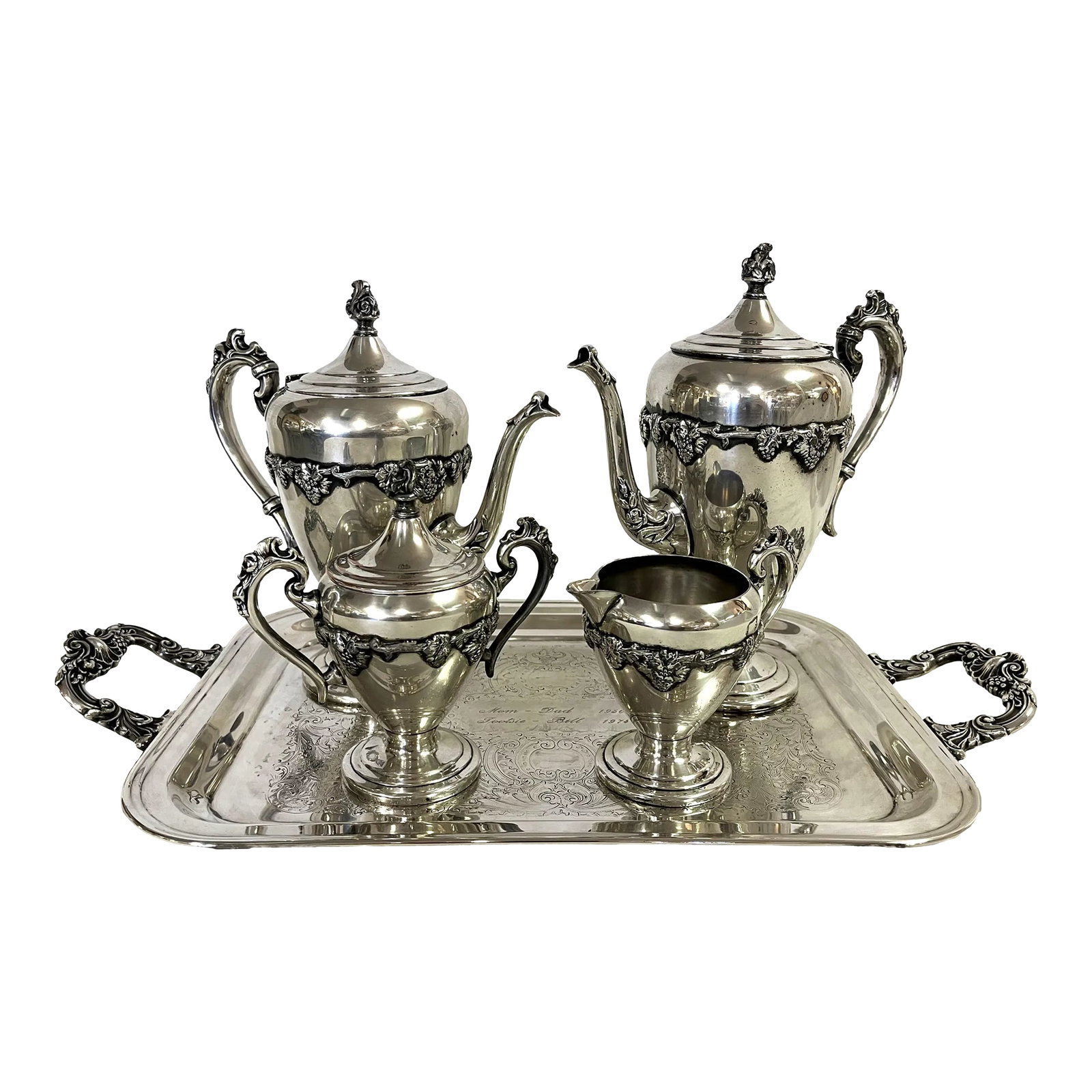 Vintage Five Piece Tea Service With Grapevine Details, Silverplate on Copper (1 of 13)