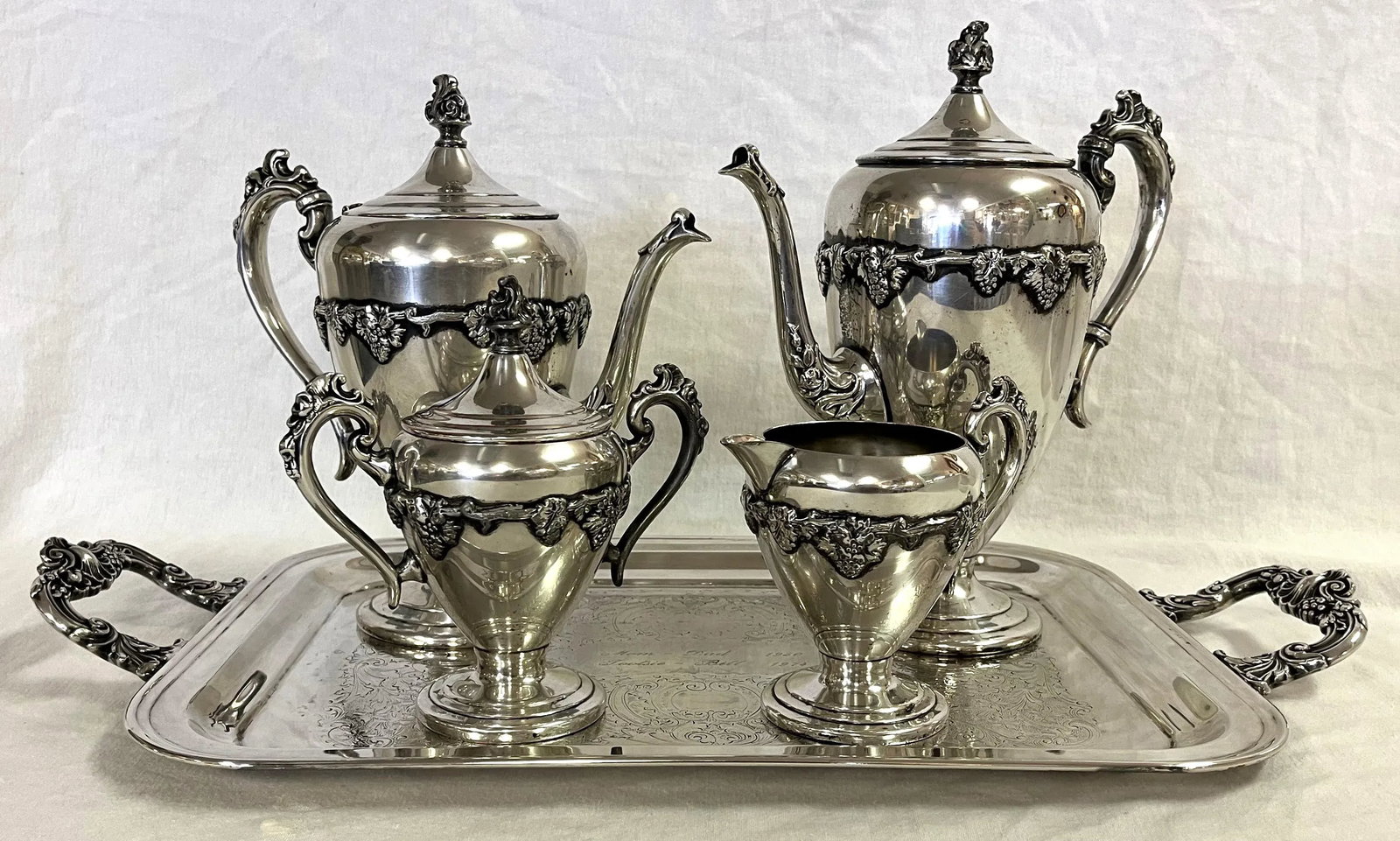 Vintage Five Piece Tea Service With Grapevine Details, Silverplate on Copper - 2