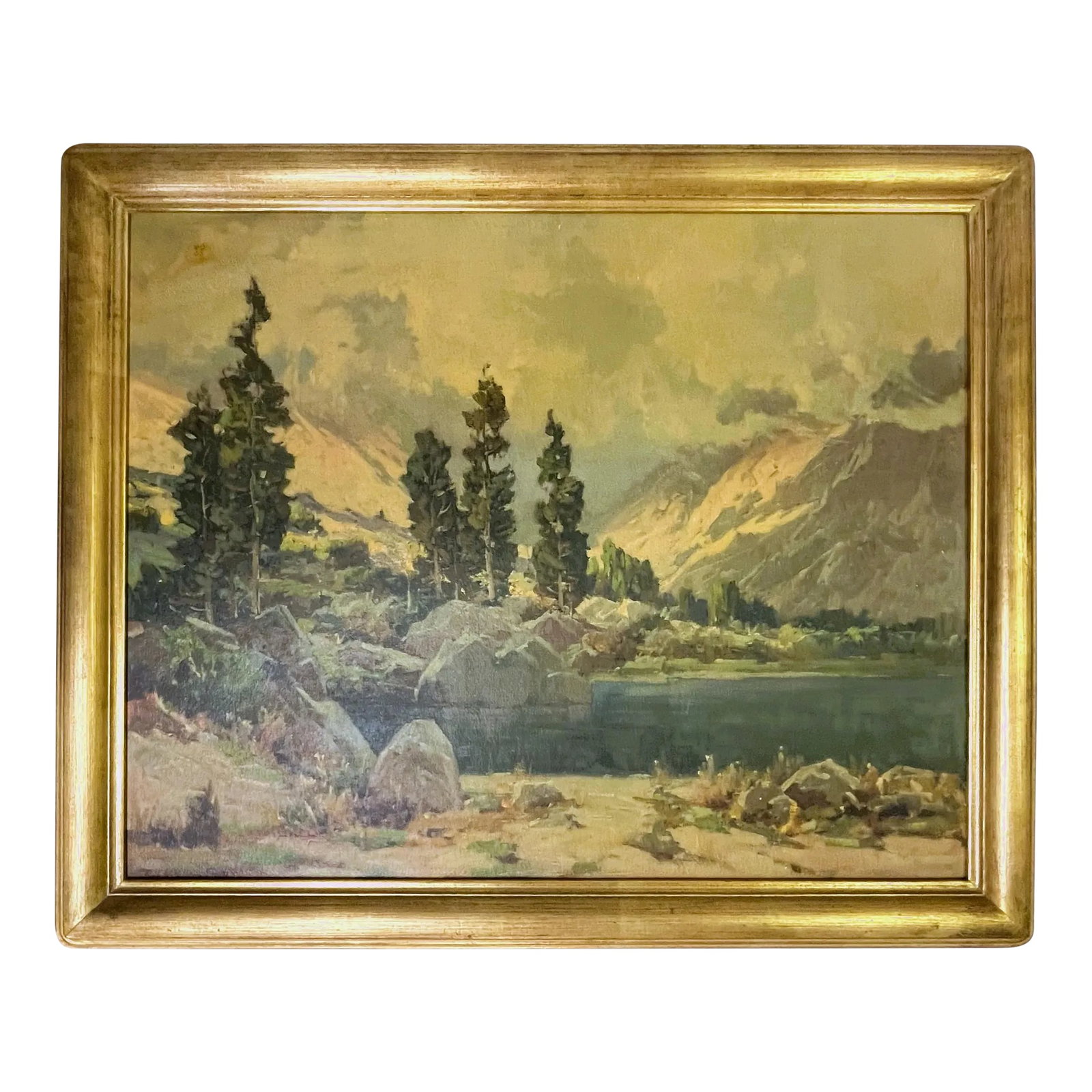 Vintage Framed Giclee on Board by Jack Wilkinson Smith (California, 1873-1949) Titled 'Morning Mist': Serene landscape giclee on board by renowned artist Jack Wilkinson Smith (California, 1873- 1949). The piece depicts a misty morning on a high mountain lake in the Sierra Mountains circa 1920's. It is