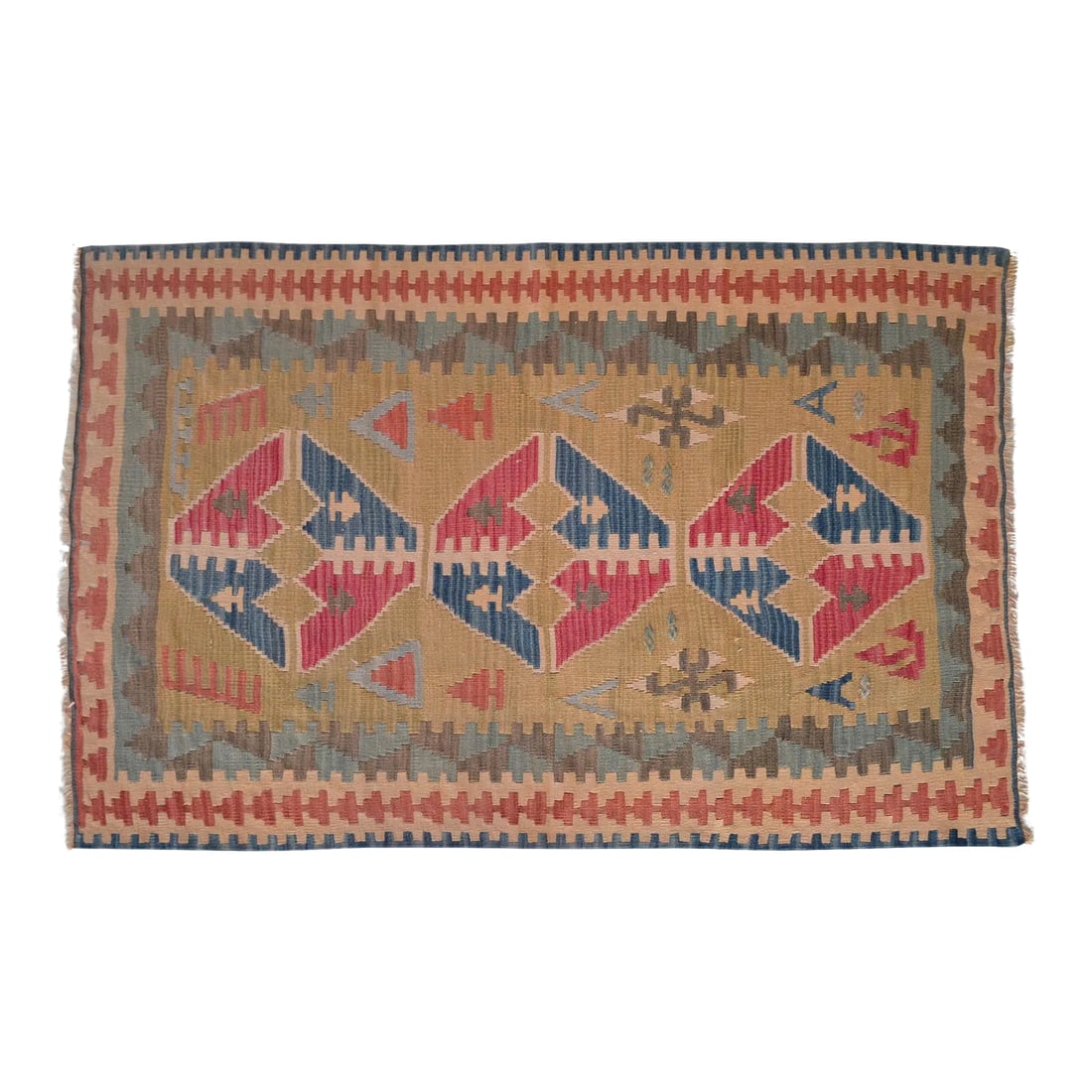 1970s Hand Woven Oushak Kilim Rug Flat Weave Wool Area Rug - 3"²6"³ × 5"²6"³: Dimensions: 42" x 66" / 3 ft 6 in x 5 ft 6 in Material : Wool on wool Condition: Used in very good condition. Newly washed. ready to use Origin: Oushak Weight: ~ 3.2 lbs All images are of the actual