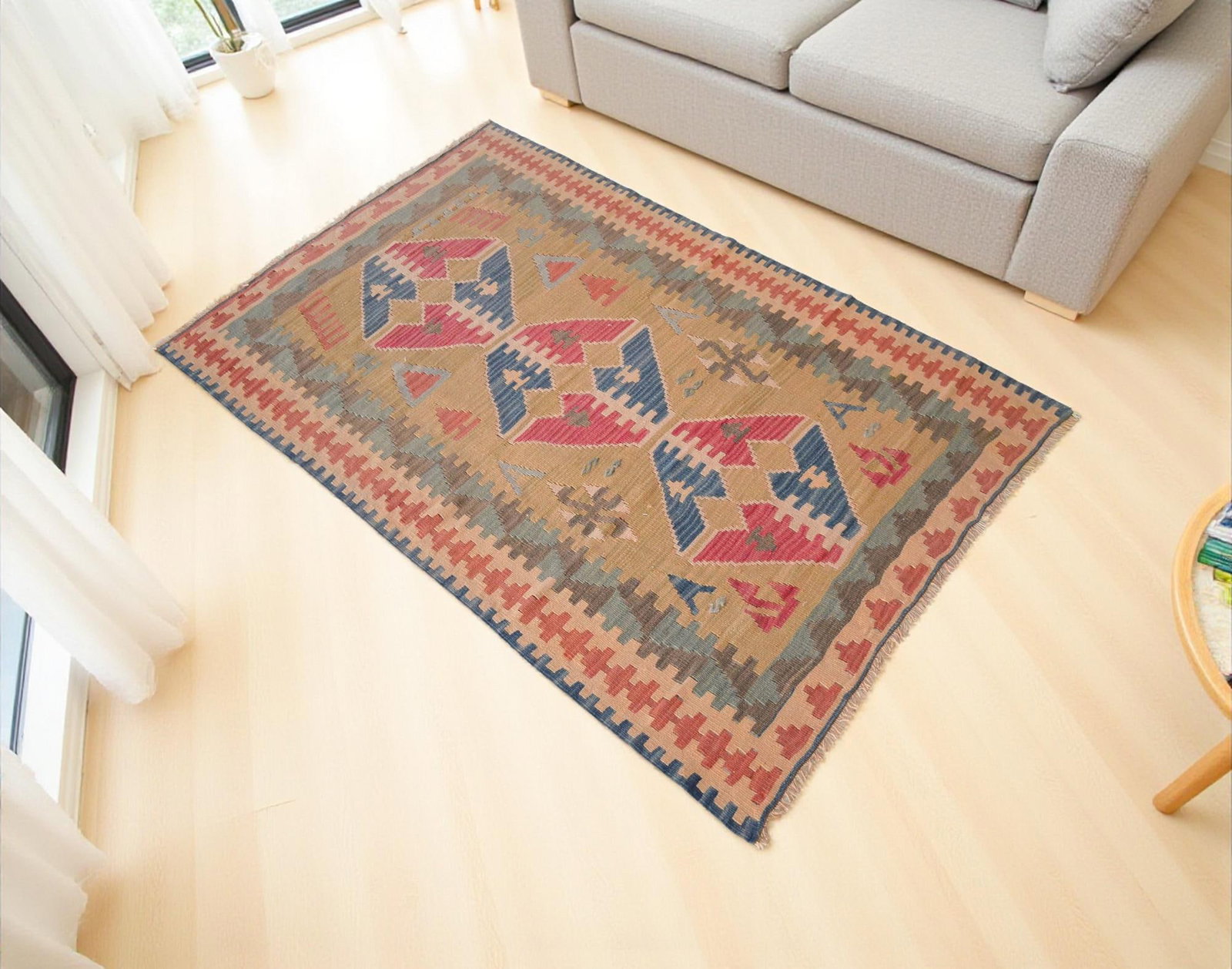 1970s Hand Woven Oushak Kilim Rug Flat Weave Wool Area Rug - 3"²6"³ × 5"²6"³ - 3