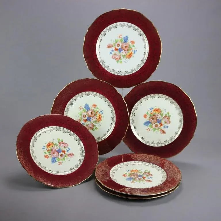 Early 20th Century Atlas Burgundy & Gilt Rim China Dinner Plates with Floral Well- Set of 6 - 2