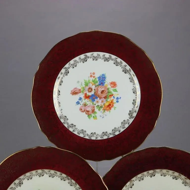 Early 20th Century Atlas Burgundy & Gilt Rim China Dinner Plates with Floral Well- Set of 6 - 3