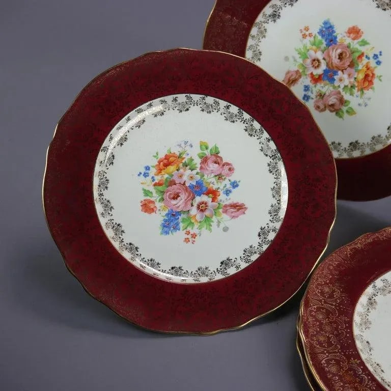 Early 20th Century Atlas Burgundy & Gilt Rim China Dinner Plates with Floral Well- Set of 6 - 5