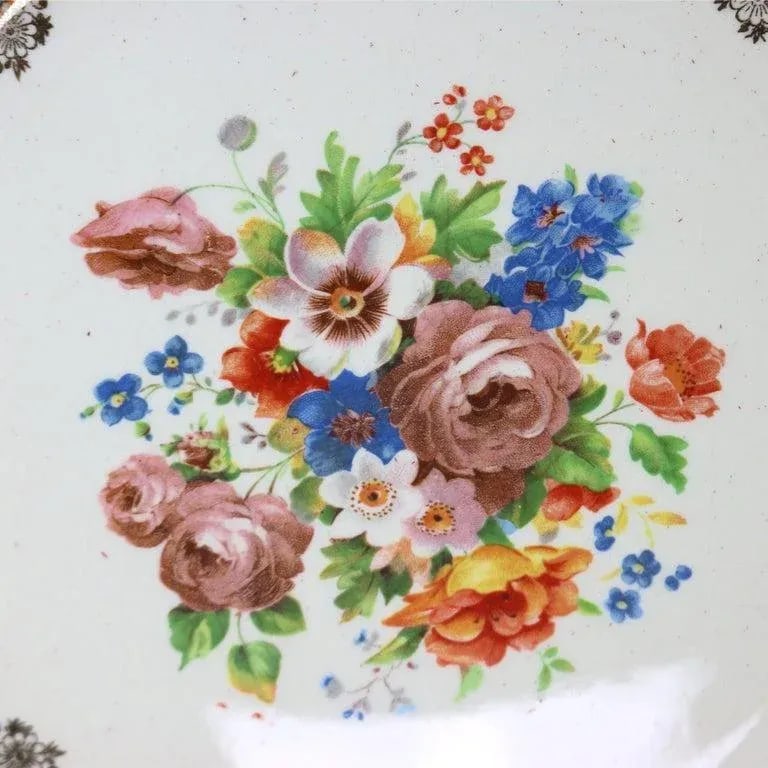 Early 20th Century Atlas Burgundy & Gilt Rim China Dinner Plates with Floral Well- Set of 6 - 6